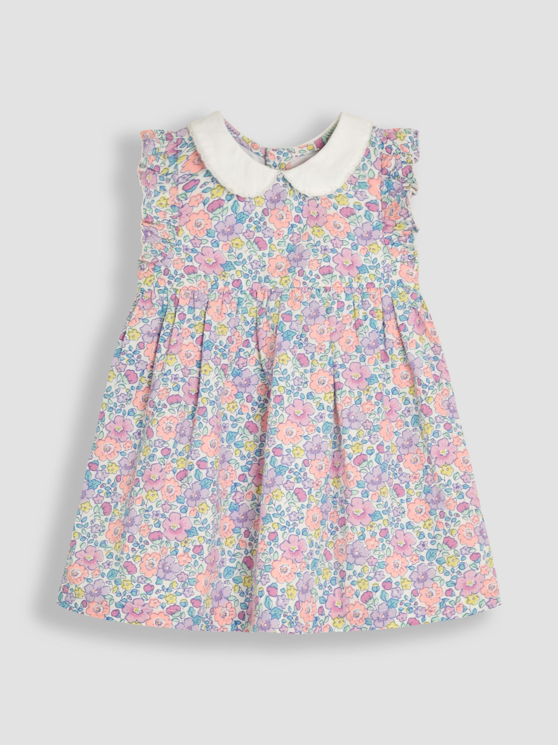 Coral Pink Baby Tropical Floral Print Frill Shoulder 100% Cotton Dress - Image 2 of 5