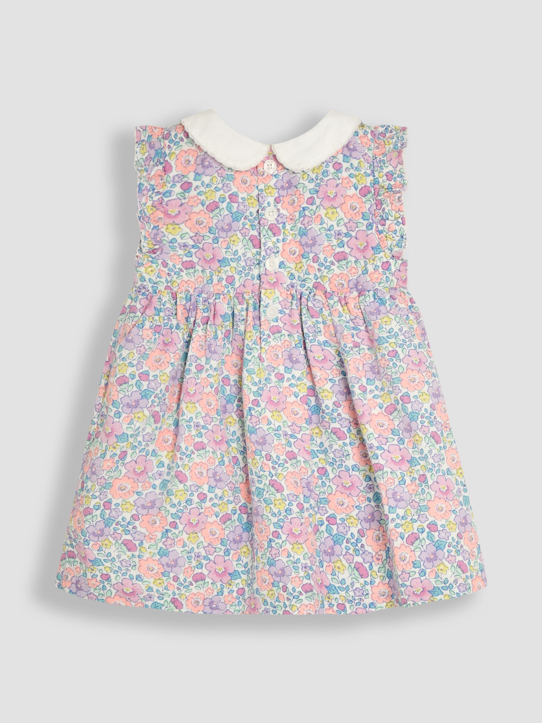 Coral Pink Baby Tropical Floral Print Frill Shoulder 100% Cotton Dress - Image 3 of 5