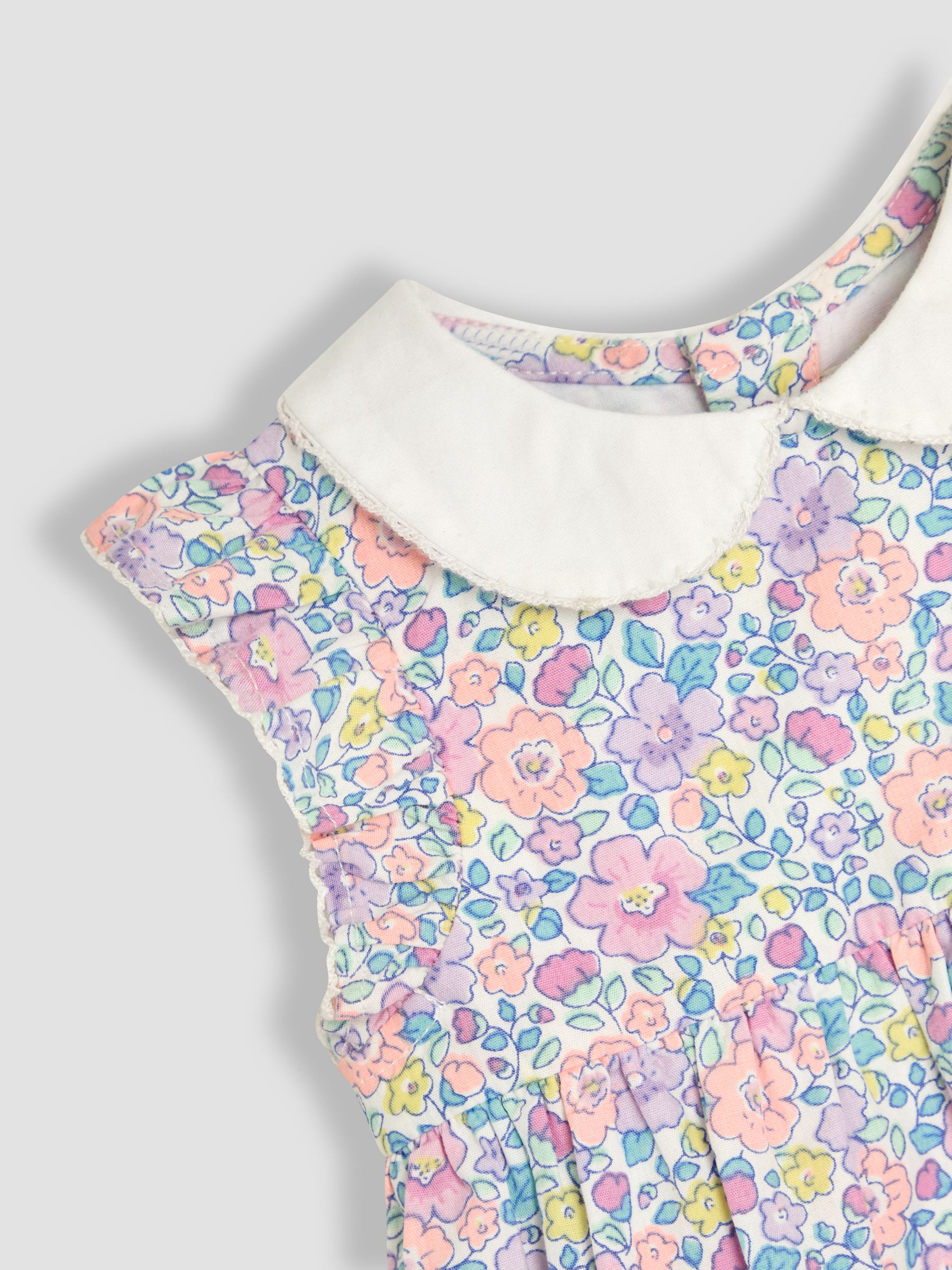 Coral Pink Baby Tropical Floral Print Frill Shoulder 100% Cotton Dress - Image 5 of 5