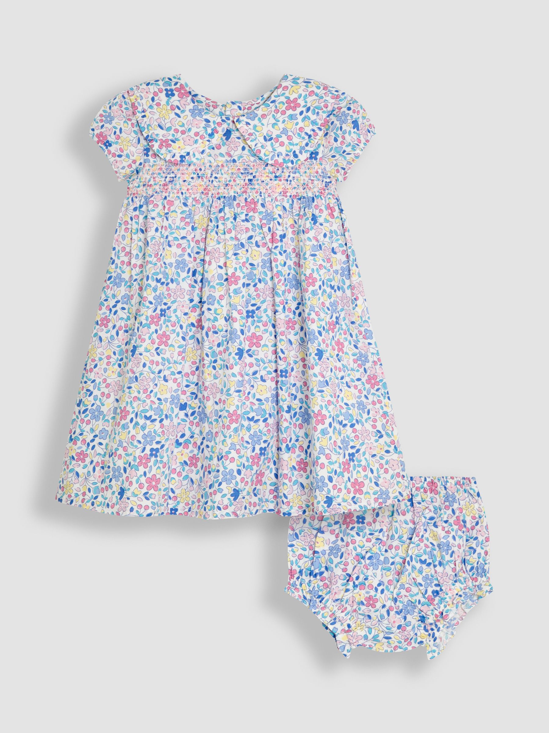 Pink Cherry Ditsy Floral Smocked Woven 100% Cotton Dress - Image 1 of 5