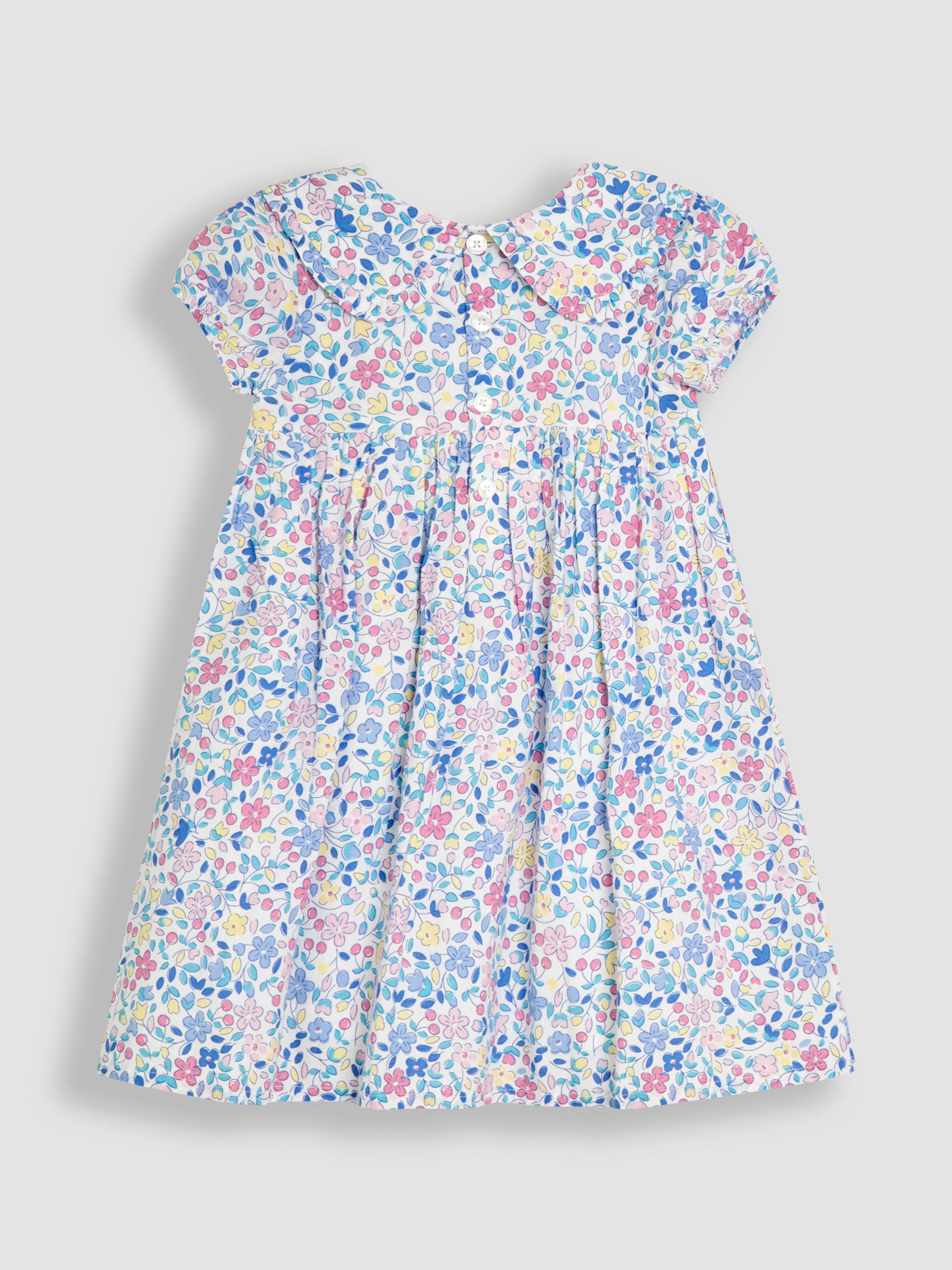 Pink Cherry Ditsy Floral Smocked Woven 100% Cotton Dress - Image 3 of 5