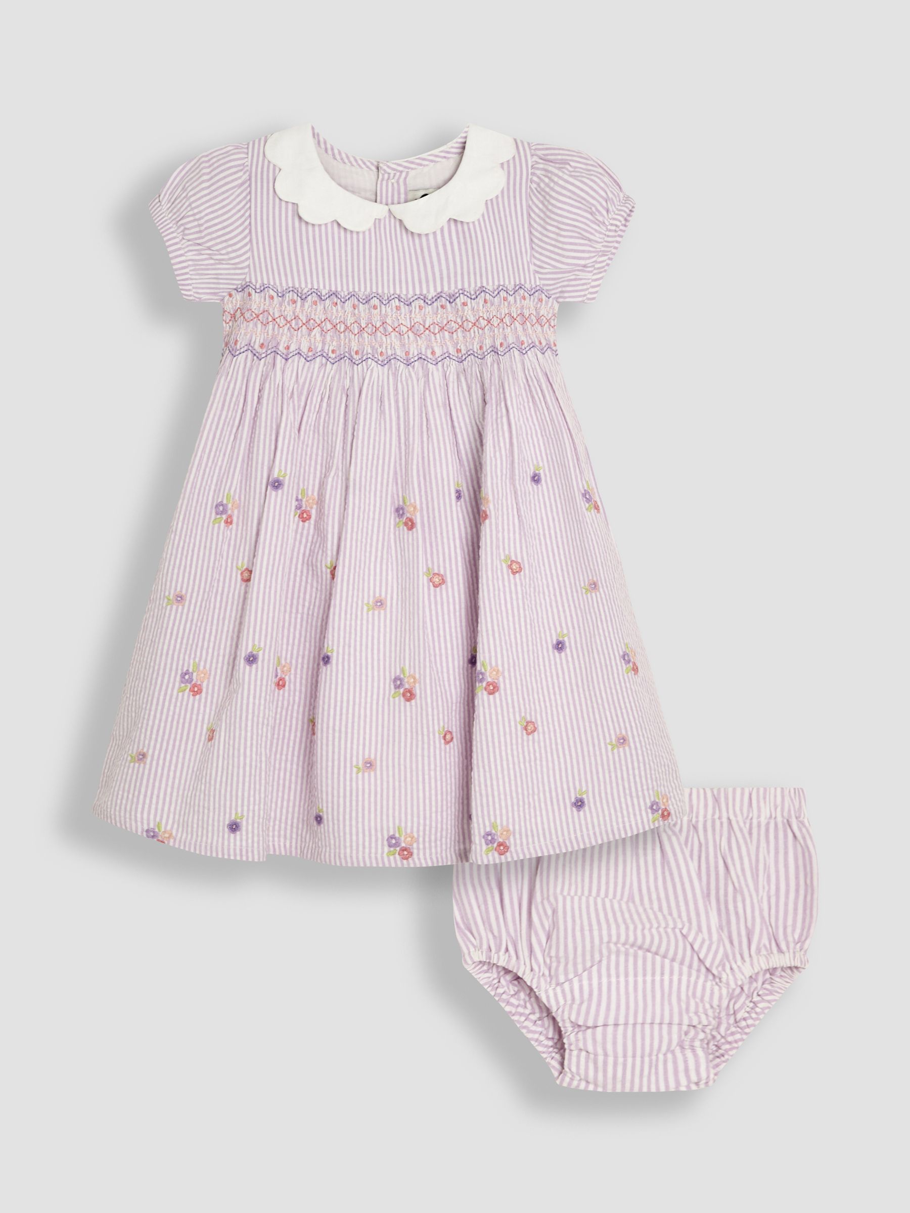 Lilac Purple Floral Seersucker Embroidered Smocked Dress - Image 1 of 5