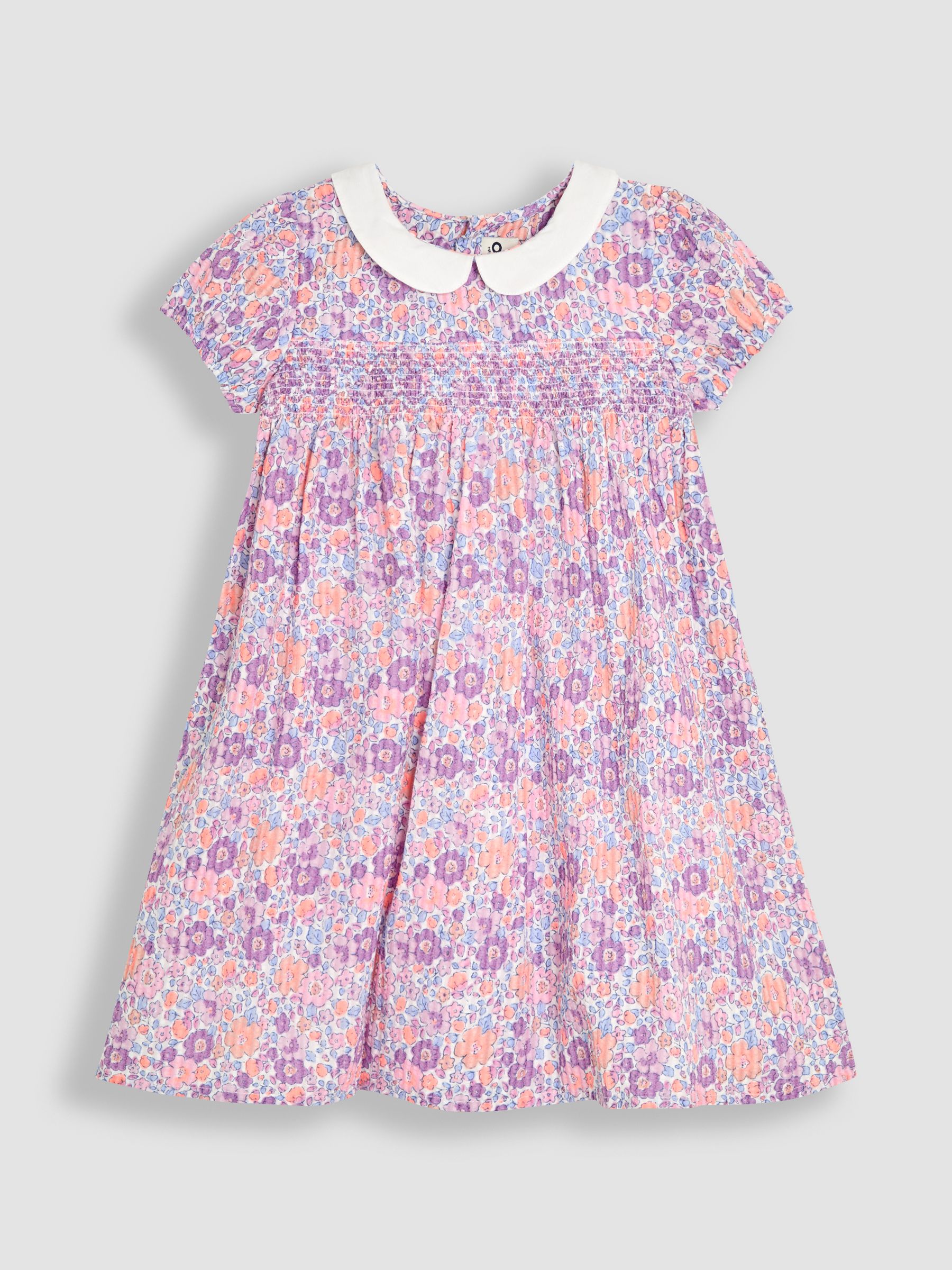 Lilac Purple Tropical Floral Smocked Woven 100% Cotton Dress - Image 2 of 5