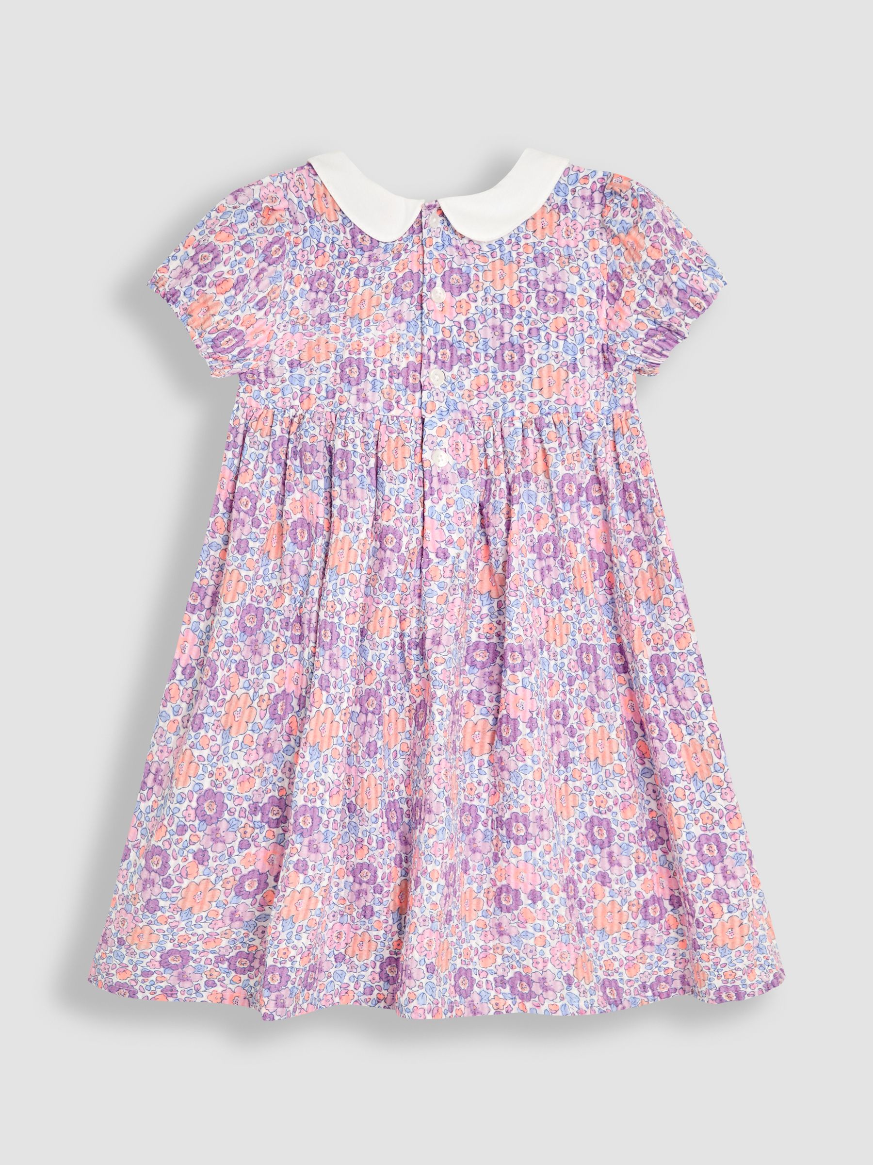Lilac Purple Tropical Floral Smocked Woven 100% Cotton Dress - Image 3 of 5