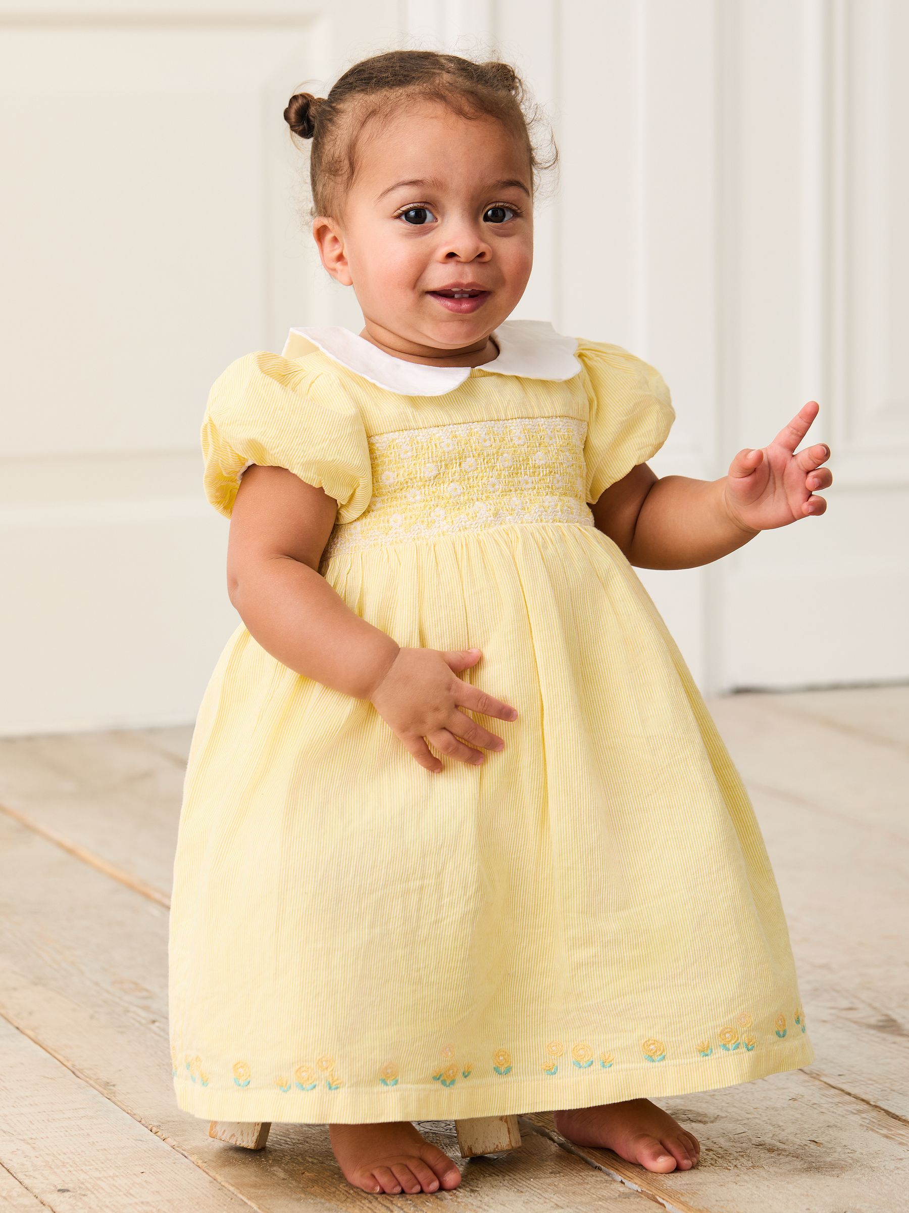 Yellow Bud Floral Embroidered Smocked Party Dress - Image 1 of 5
