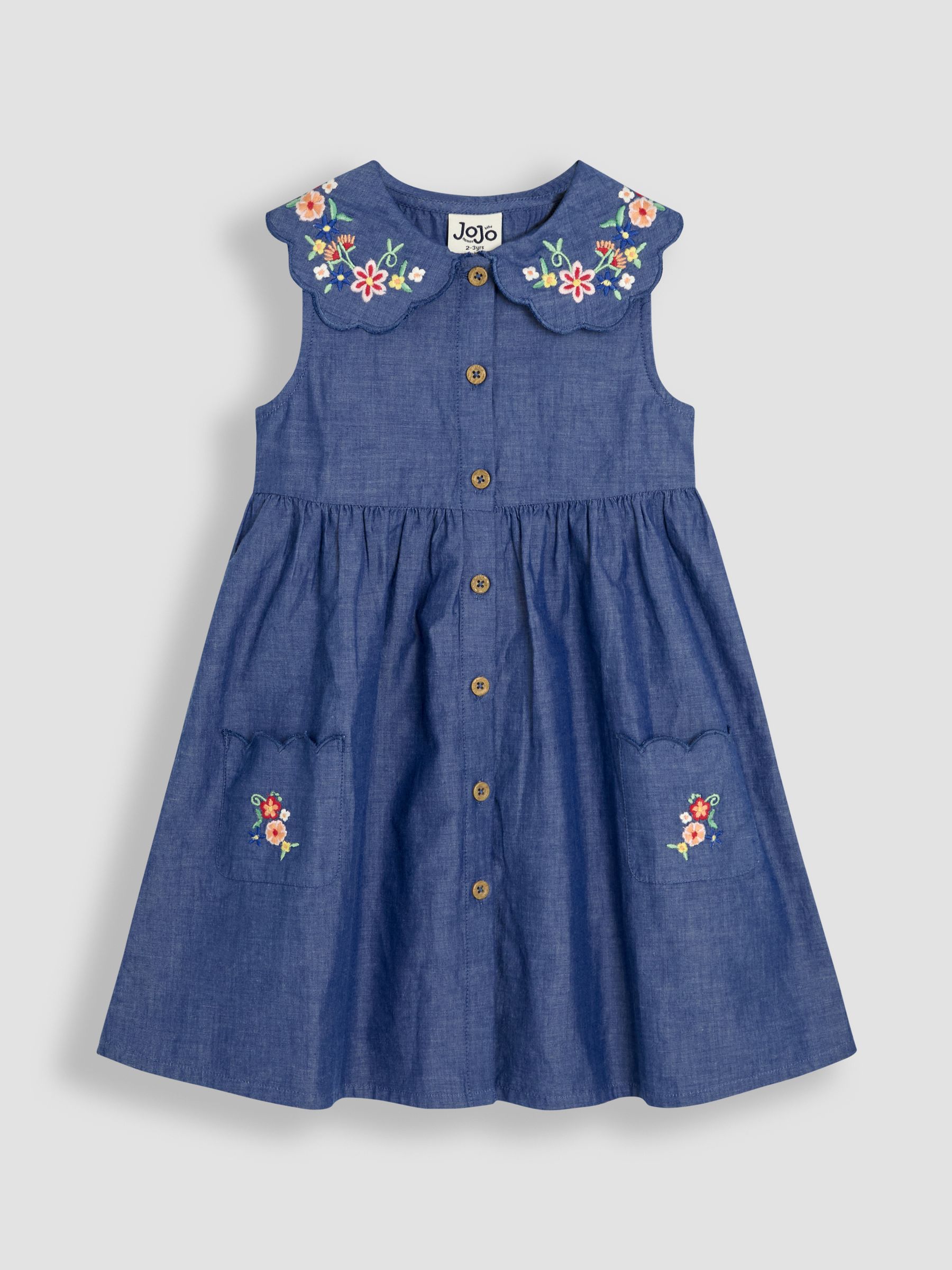 Chambray Blue Embroidered Scallop Collar Button Through Dress - Image 1 of 4