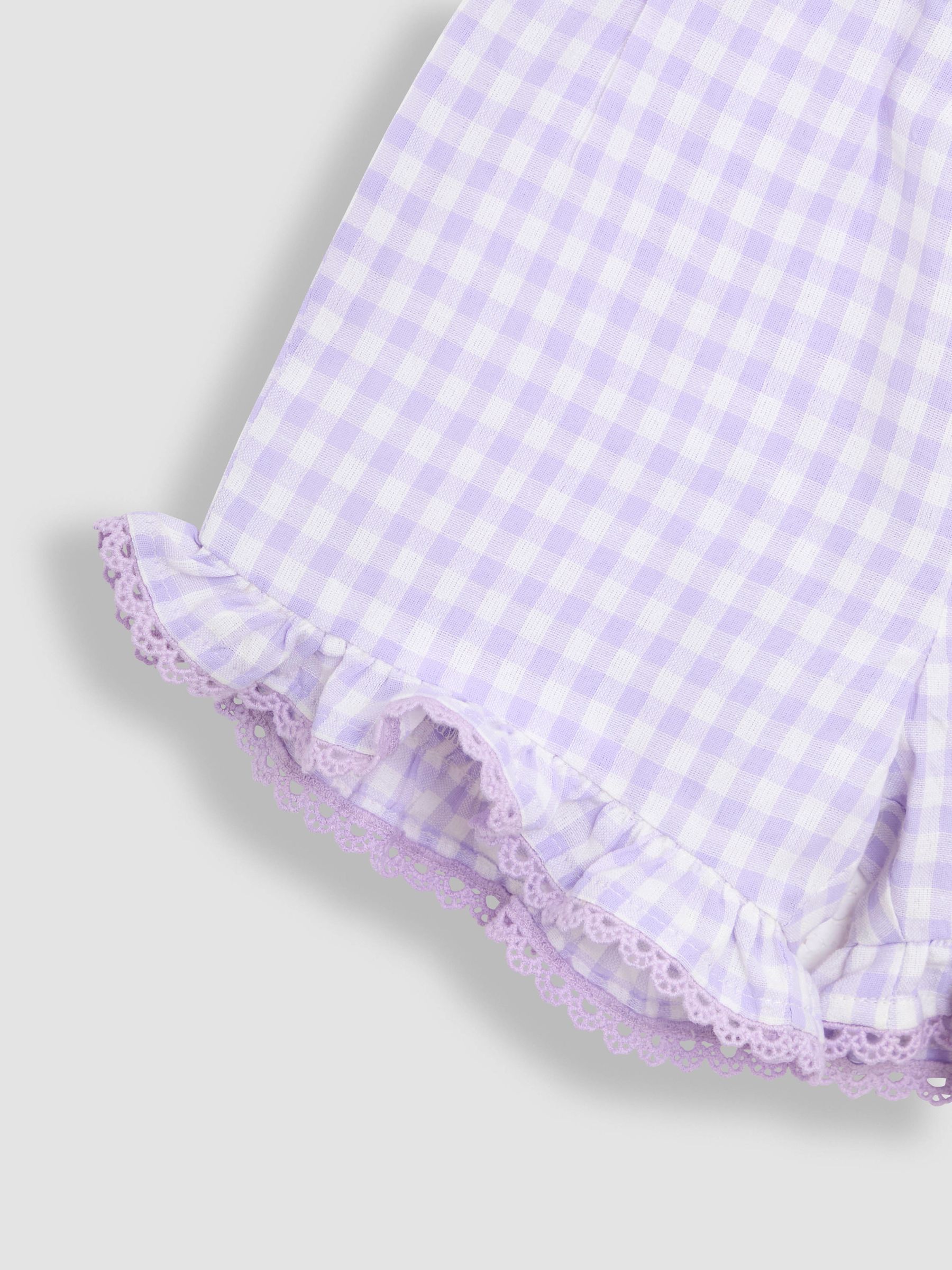 Lilac Purple Gingham 2-Piece Embroidered Double Frill Sleeve T-Shirt & Shorts Set - Image 6 of 6