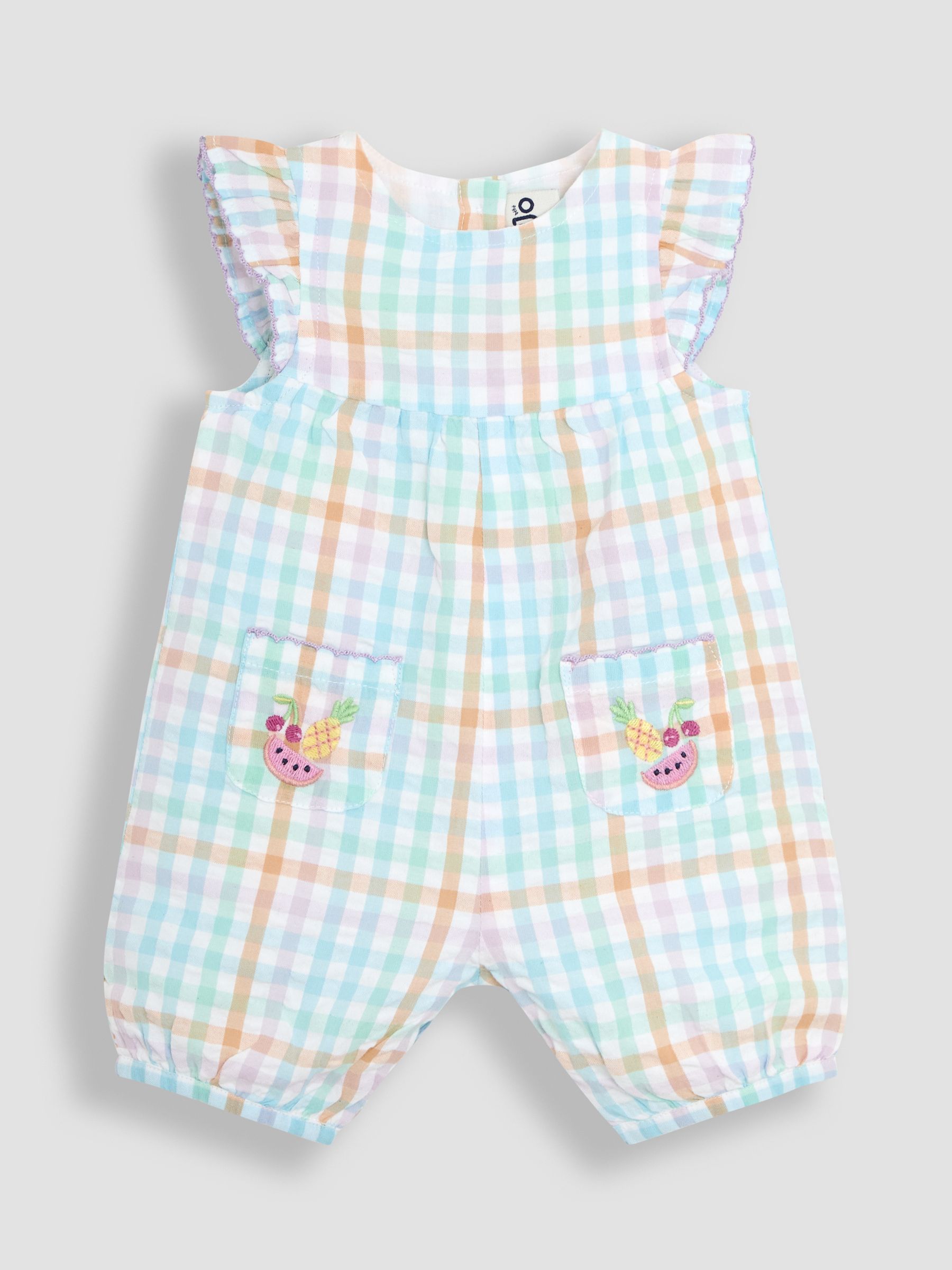 Rainbow Gingham Fruit Embroidered Pockets Pretty Ruffle Shoulder Sunsuit - Image 1 of 3