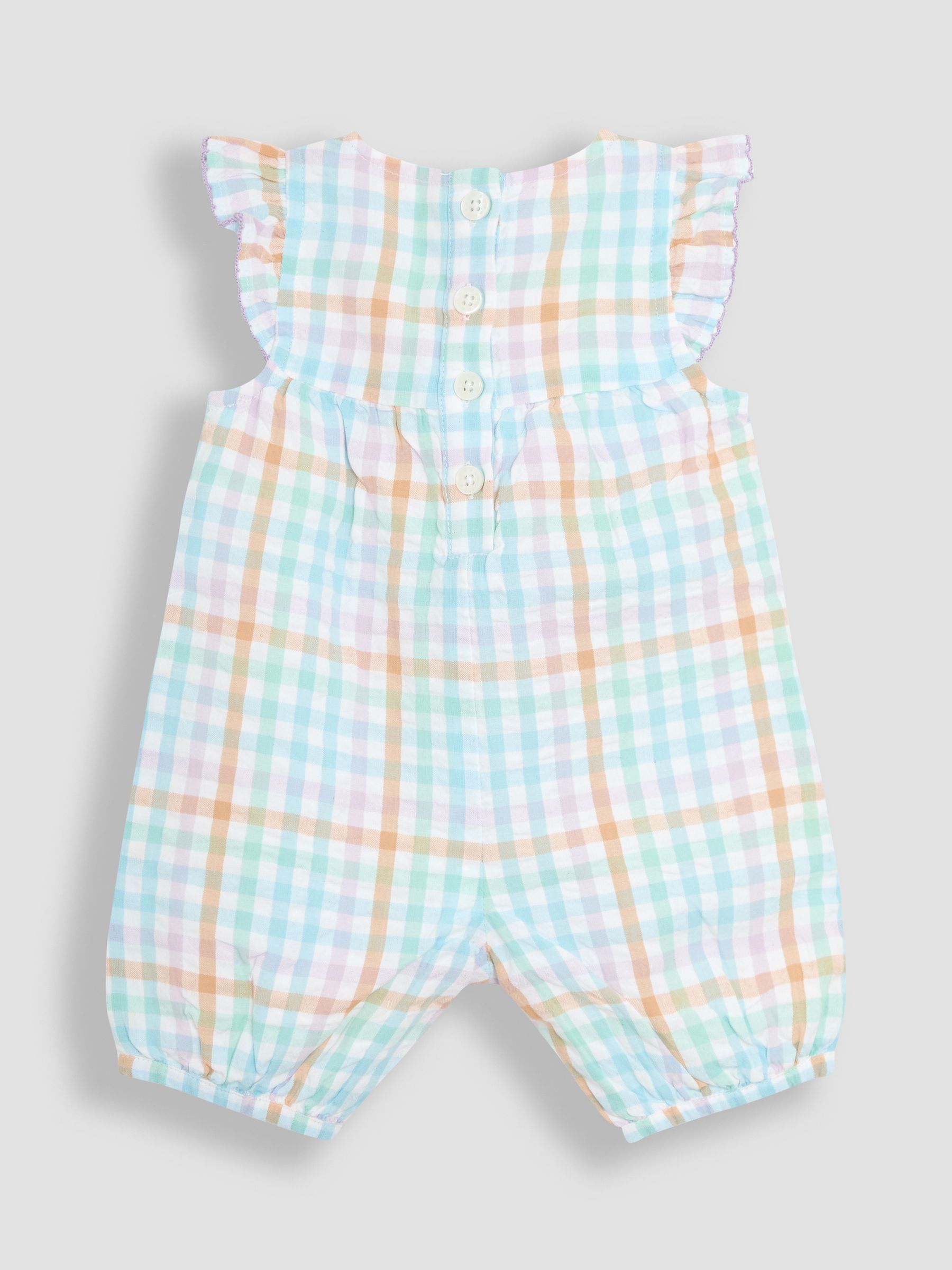 Rainbow Gingham Fruit Embroidered Pockets Pretty Ruffle Shoulder Sunsuit - Image 2 of 3