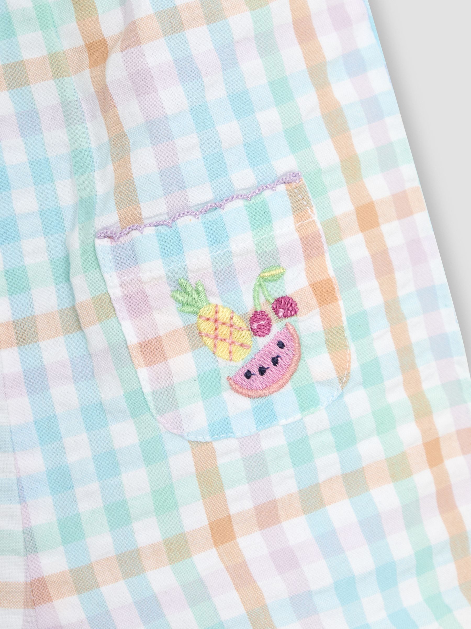 Rainbow Gingham Fruit Embroidered Pockets Pretty Ruffle Shoulder Sunsuit - Image 3 of 3