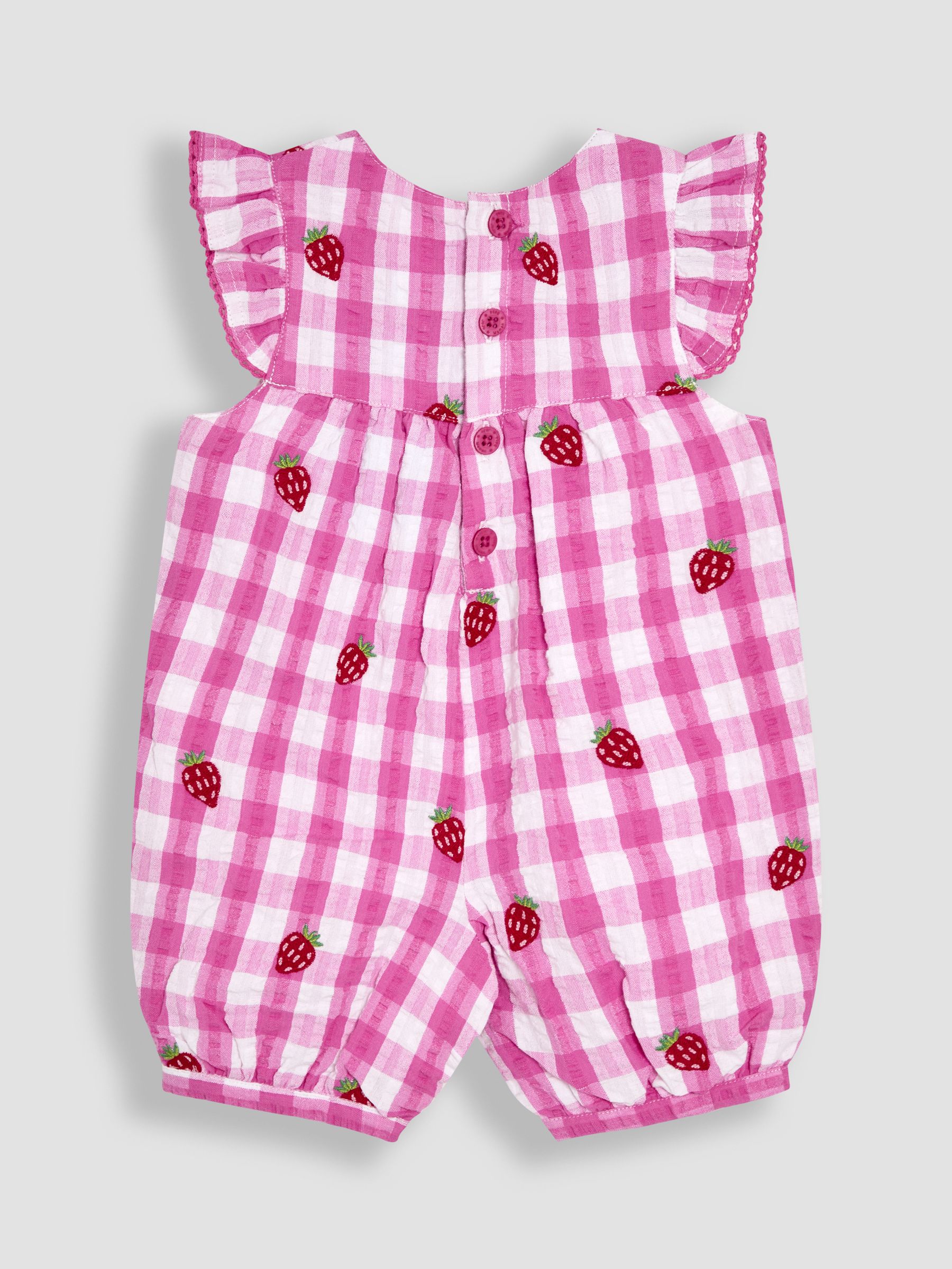 Pink Strawberry Gingham Pretty Ruffle Shoulder Embroidered Sunsuit - Image 2 of 3