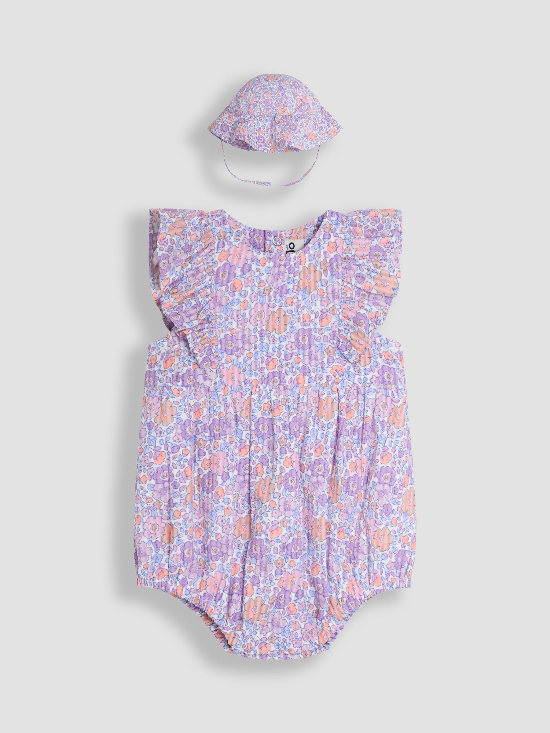Lilac Tropical Floral 2-Piece Frill-front Romper & Hat Set - Image 1 of 6