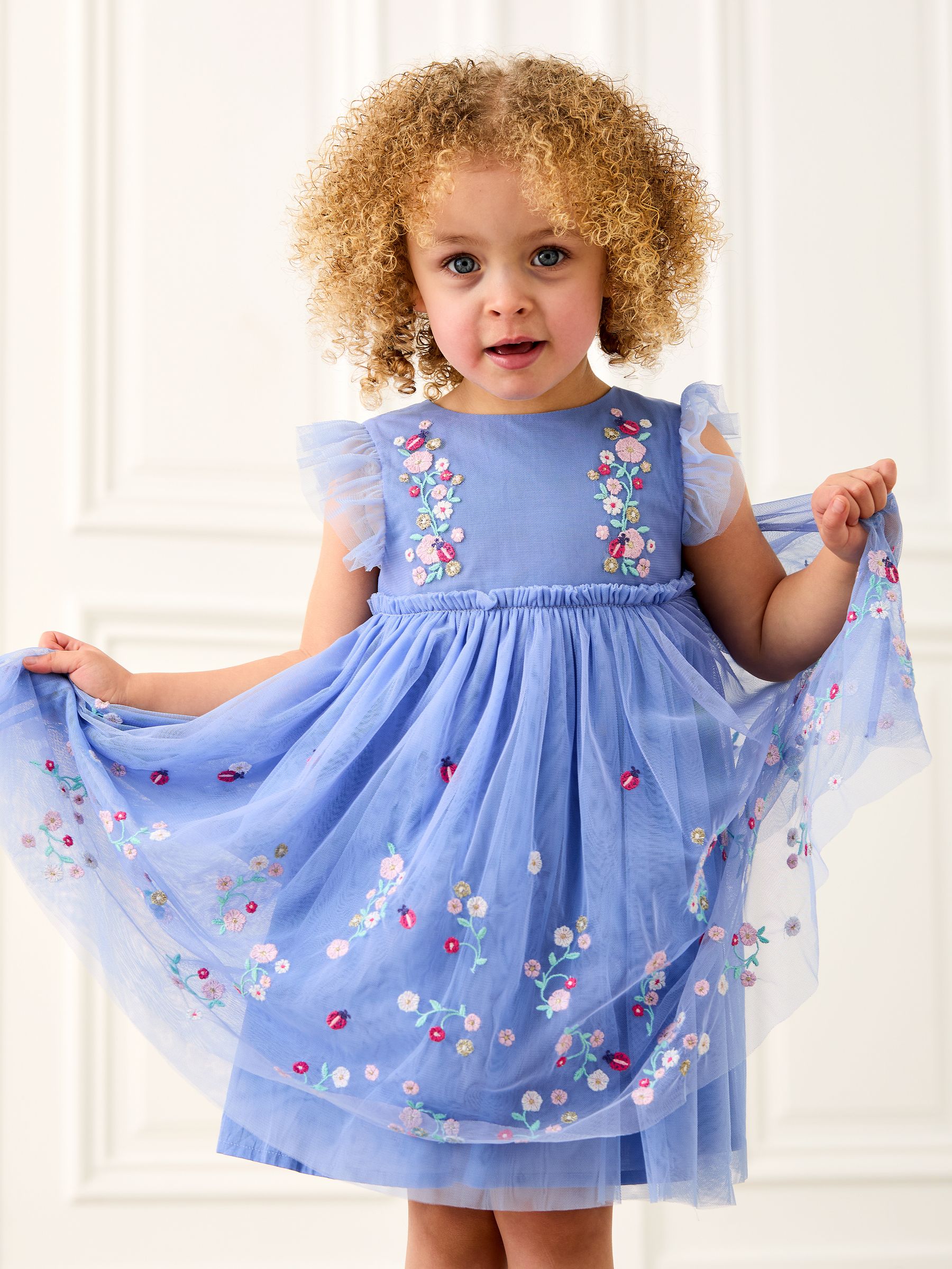 Blue Ladybird Floral Frill Embroidered Tulle Party Dress | JoJo Maman Bb USA Blue Ladybird Floral Frill Embroidered Tulle Party Dress | JoJo Maman Bb USA