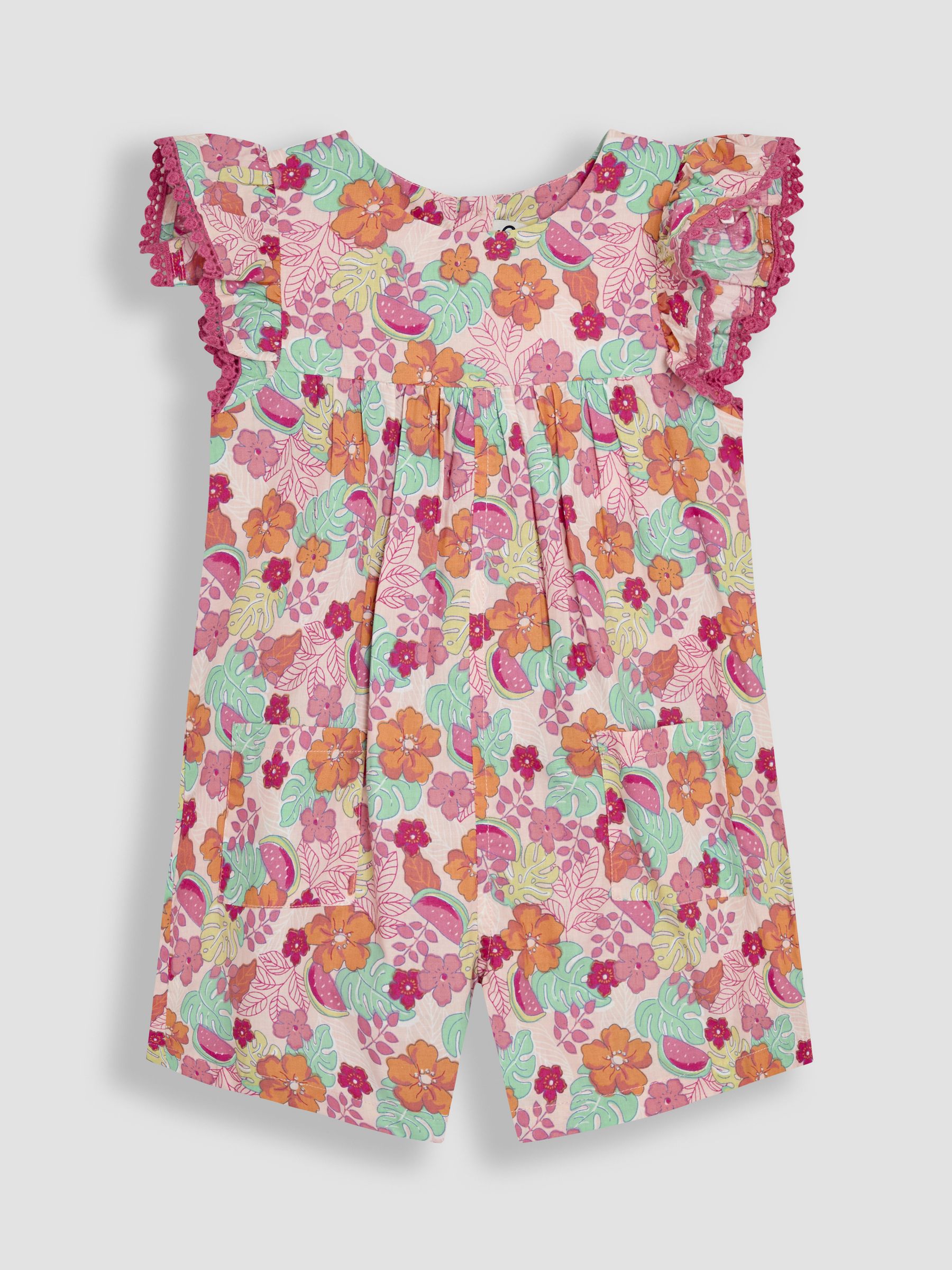 Pink Jungle Floral Print Frill Sleeve Playsuit - Image 1 of 3