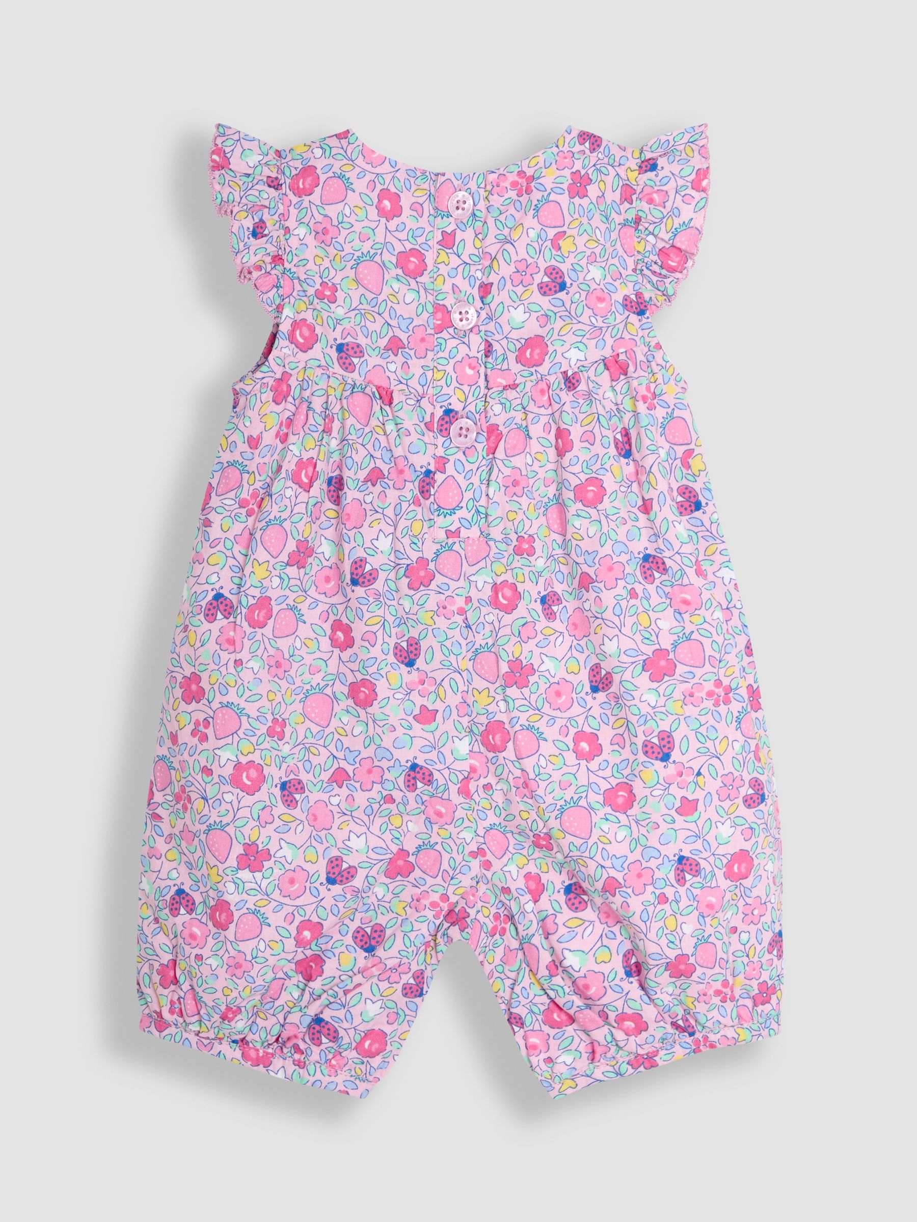 Pink Strawberry Applique Pockets Pretty Ruffle Shoulder Embroidered Sunsuit - Image 2 of 3