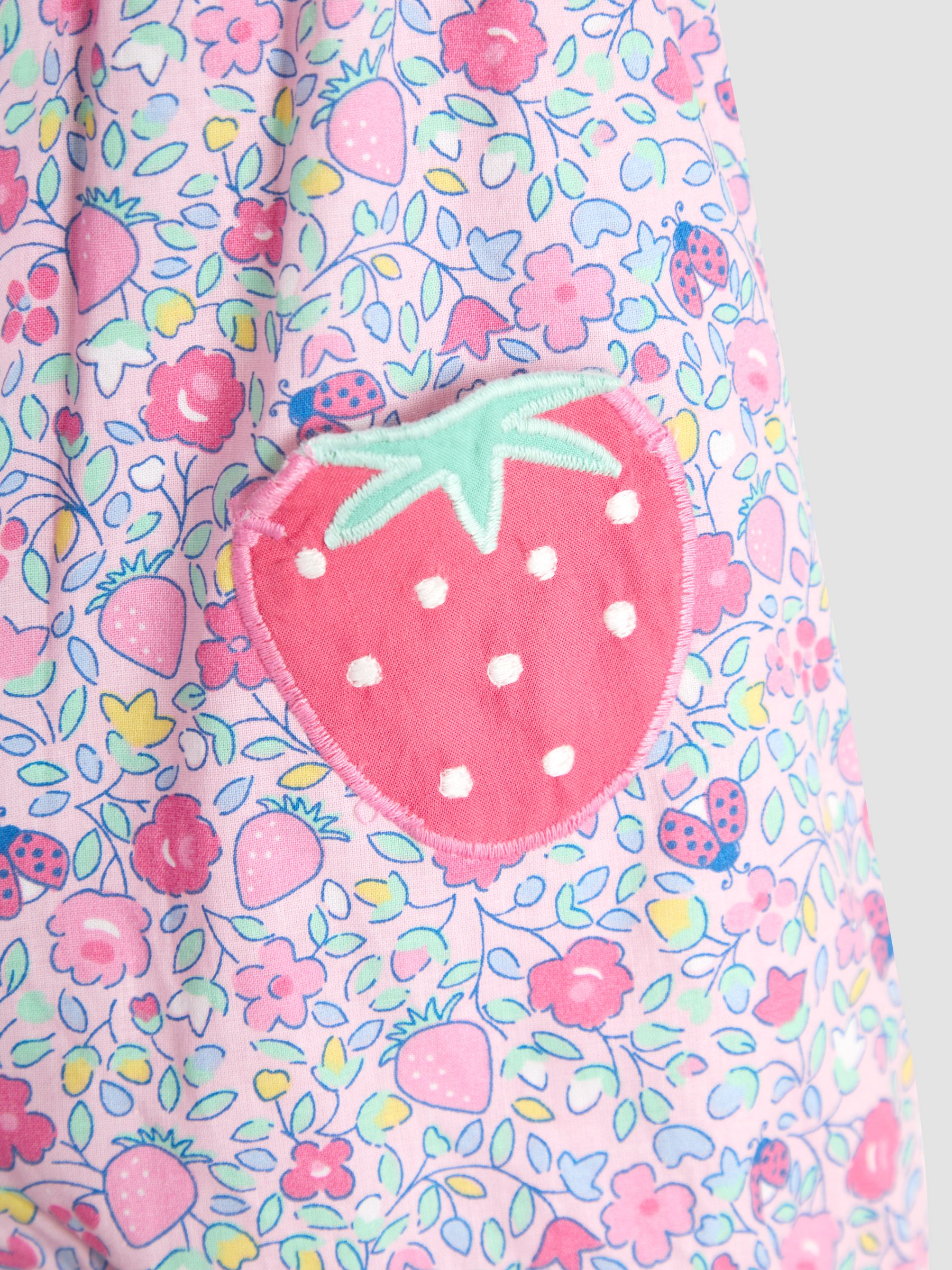 Pink Strawberry Applique Pockets Pretty Ruffle Shoulder Embroidered Sunsuit - Image 3 of 3