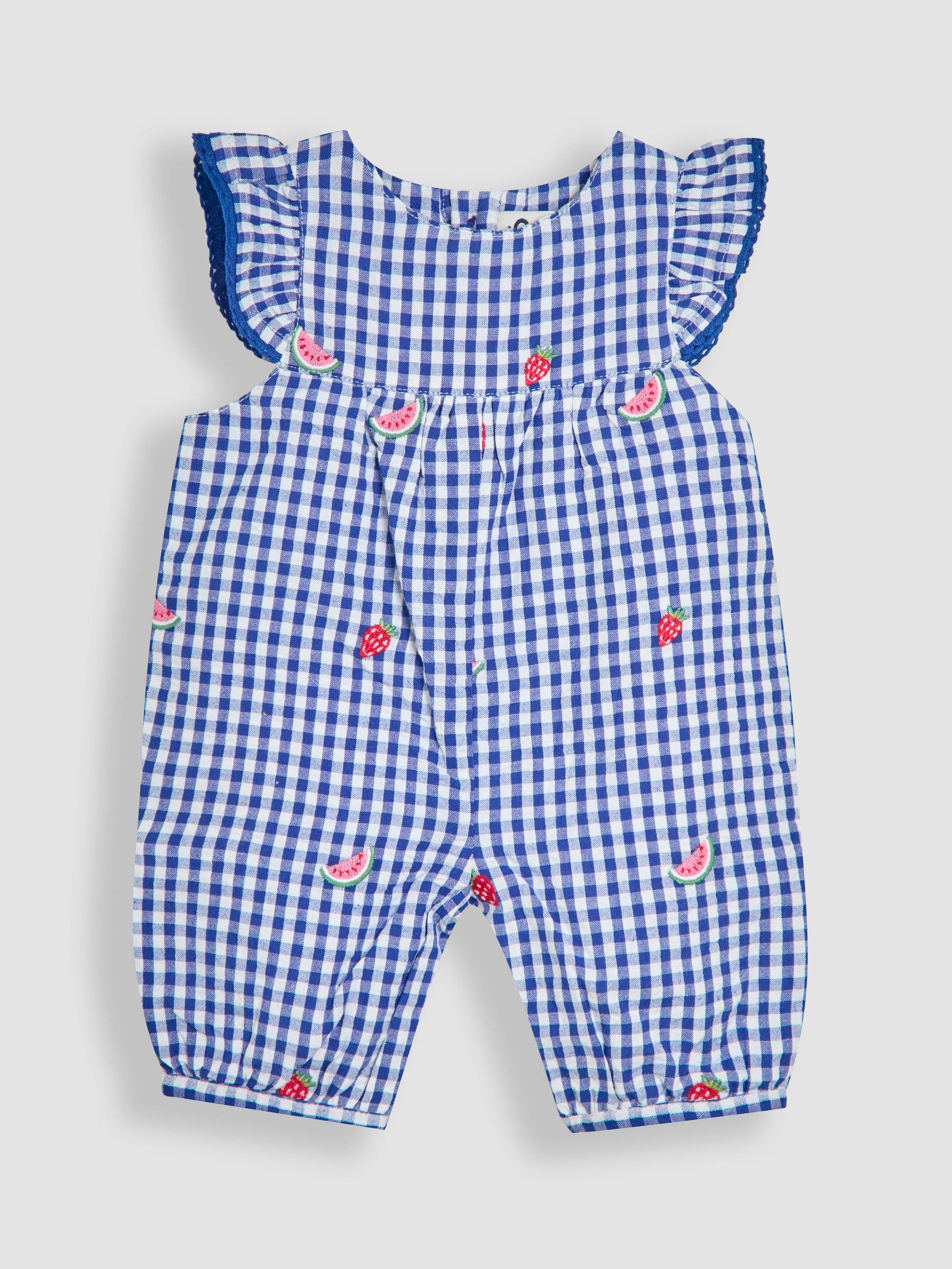 Blue Strawberry Gingham Pretty Ruffle Shoulder Embroidered Sunsuit - Image 1 of 3