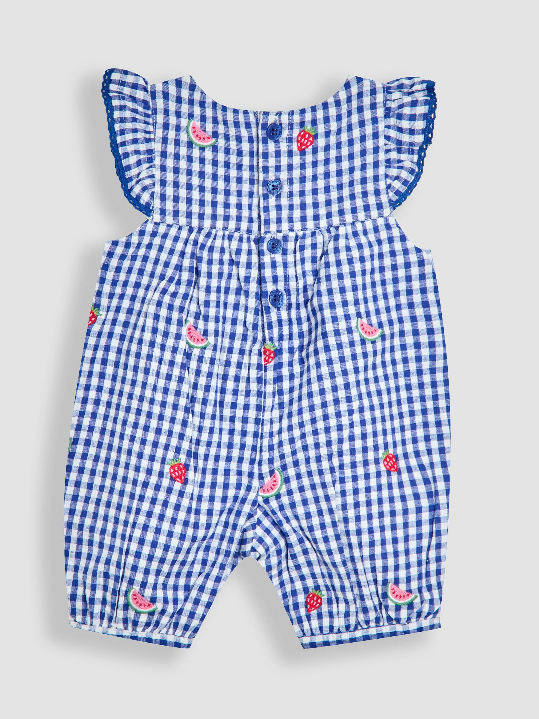 Blue Strawberry Gingham Pretty Ruffle Shoulder Embroidered Sunsuit - Image 2 of 3