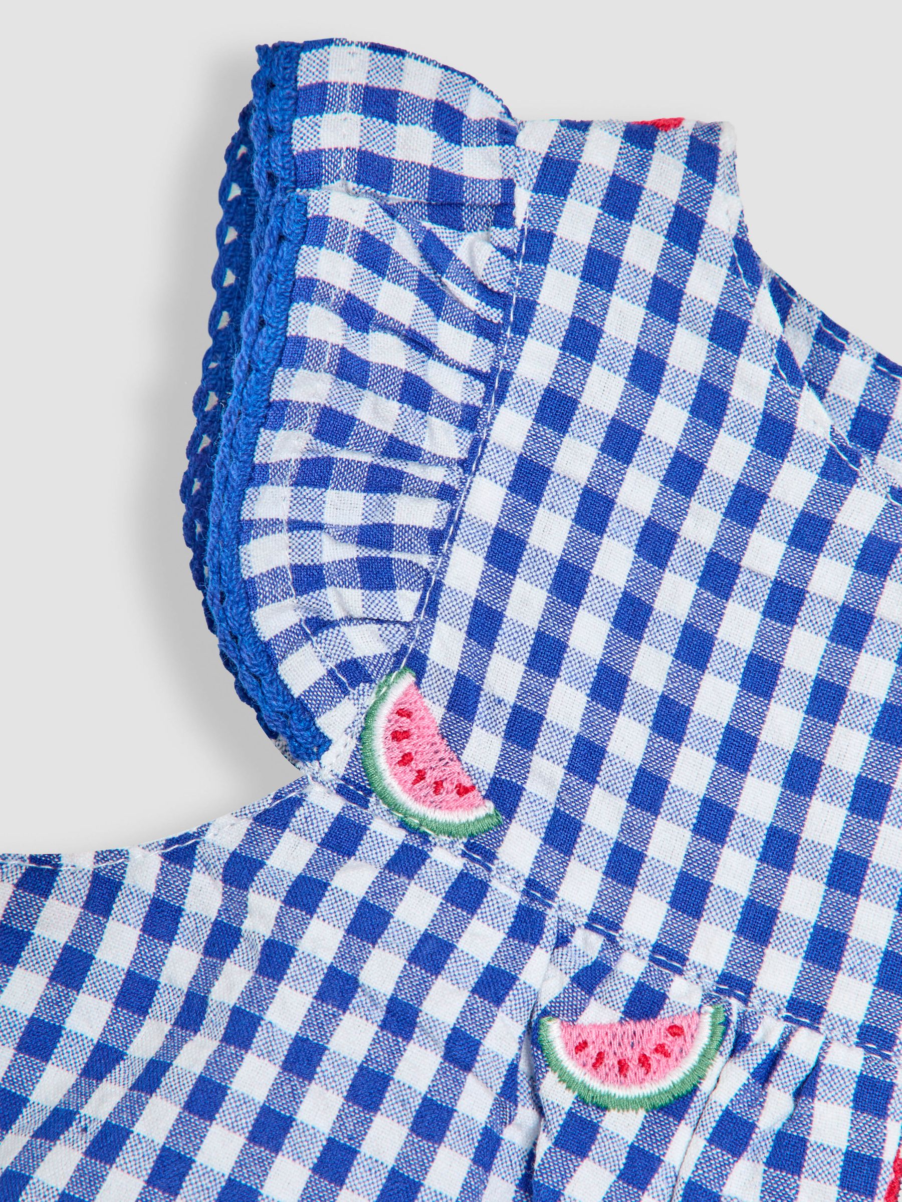 Blue Strawberry Gingham Pretty Ruffle Shoulder Embroidered Sunsuit - Image 3 of 3