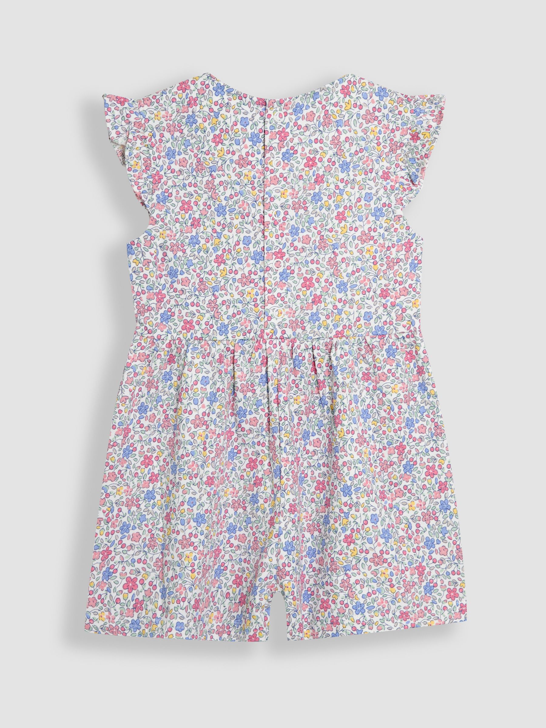 Pink Cherry Ditsy Floral Print Ruffle Shoulder 100% Cotton Playsuit - Image 2 of 3