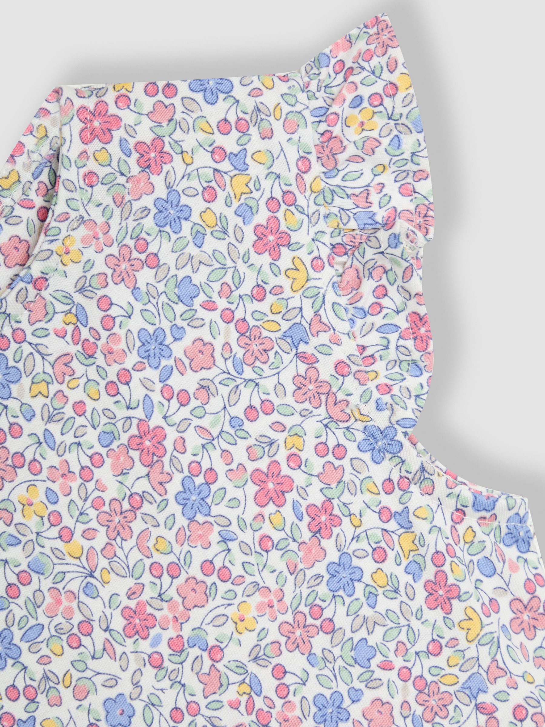 Pink Cherry Ditsy Floral Print Ruffle Shoulder 100% Cotton Playsuit - Image 3 of 3
