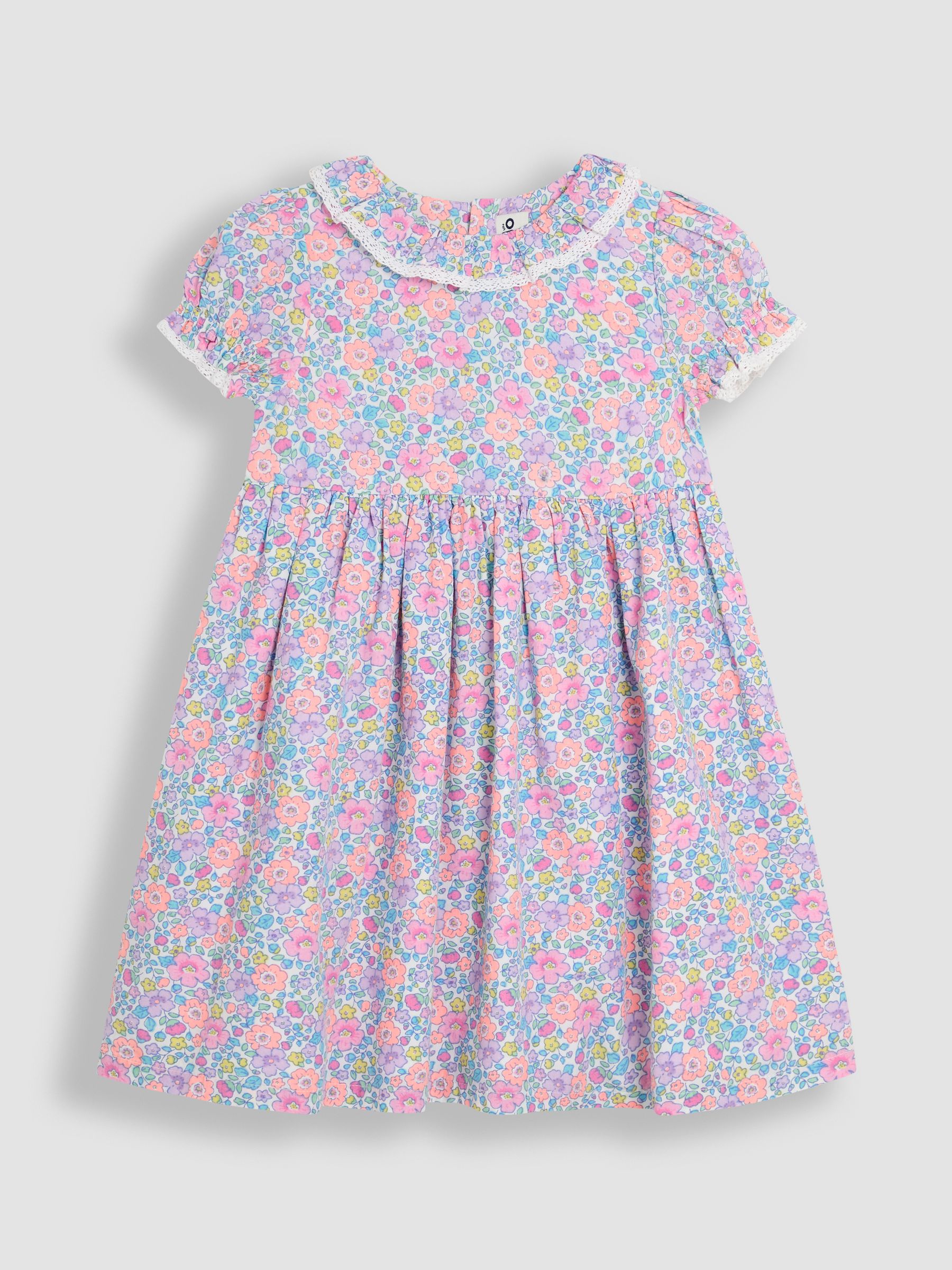 Coral Pink Tropical Floral Print Puff Sleeve Dress - Image 1 of 3