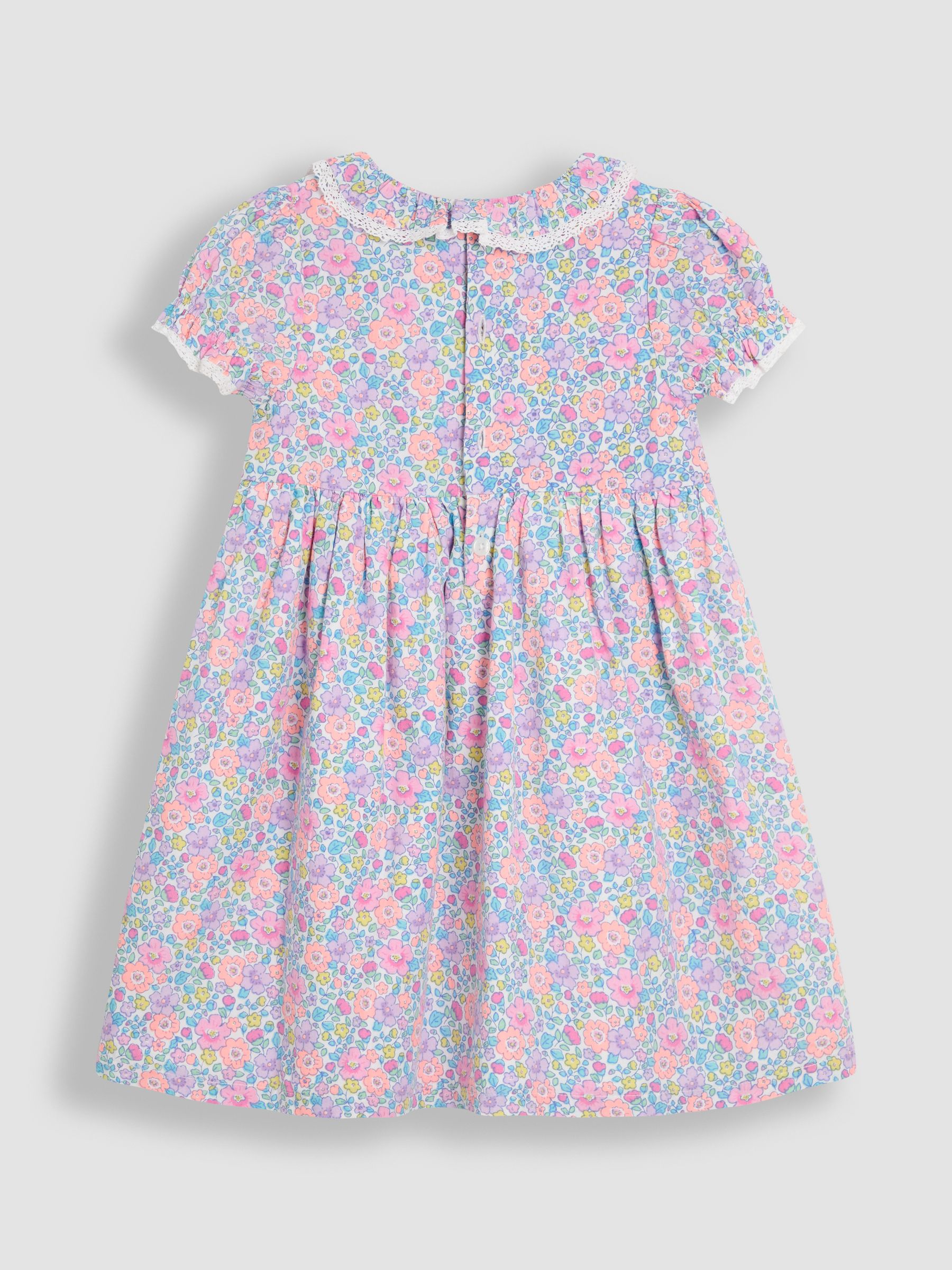 Coral Pink Tropical Floral Print Puff Sleeve Dress - Image 2 of 3