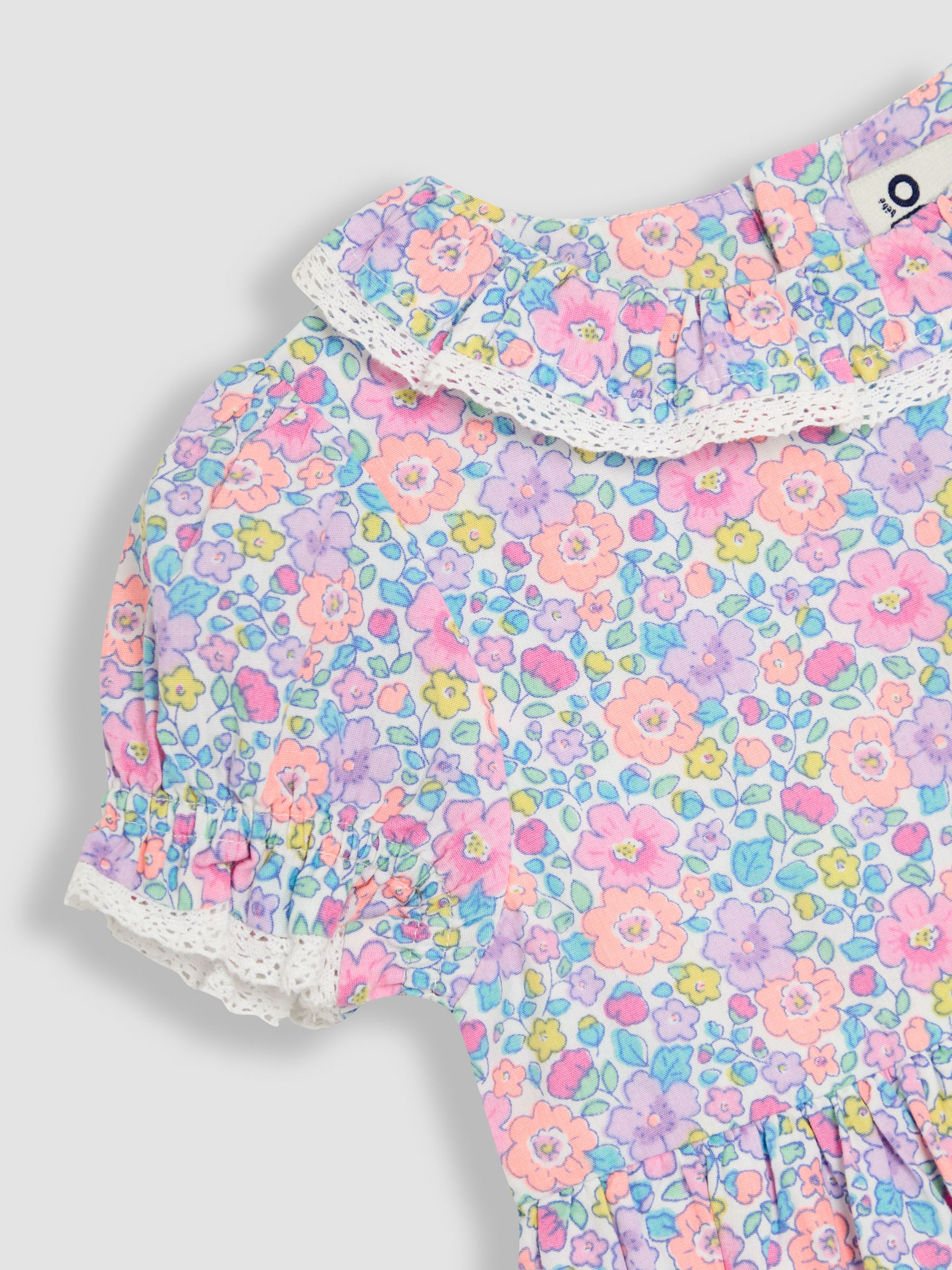 Coral Pink Tropical Floral Print Puff Sleeve Dress - Image 3 of 3