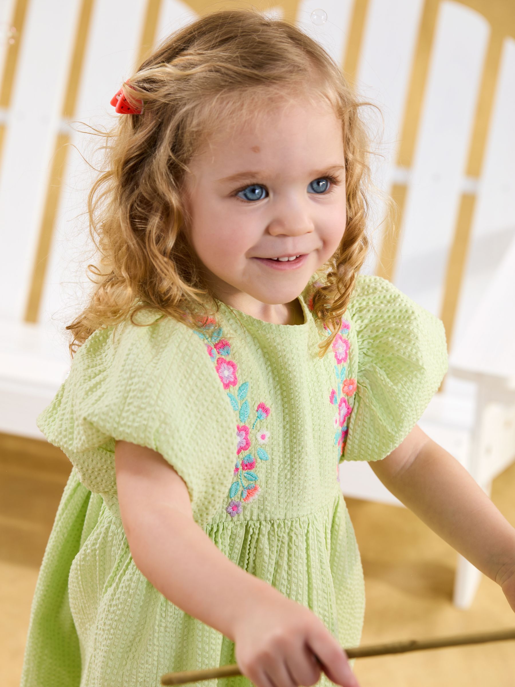 Green Floral Embroidered Balloon Sleeve Dress - Image 2 of 3