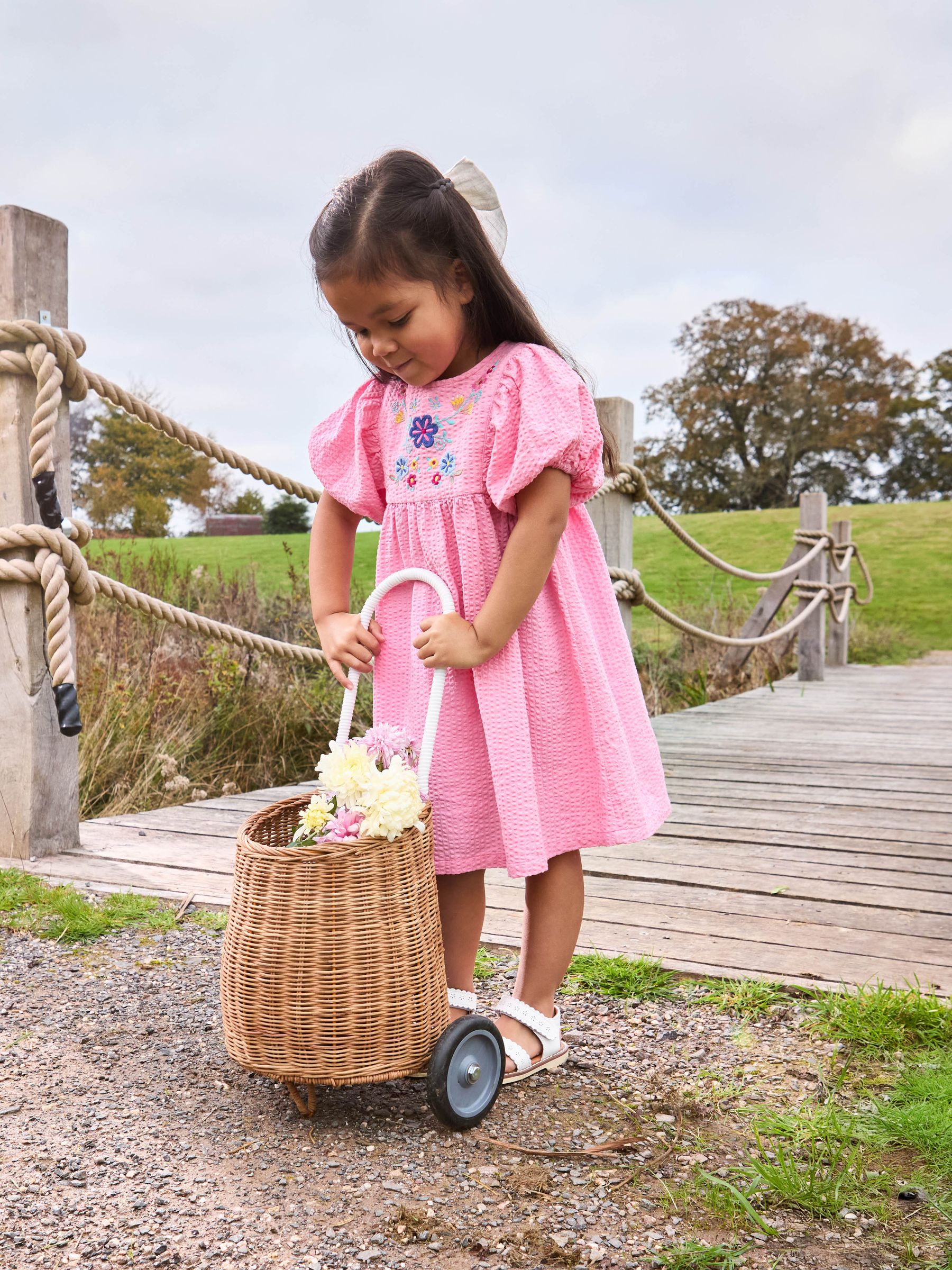 balloon sleeve embroidered dress Lorna Trim Double Cloth Dress-White main image 0