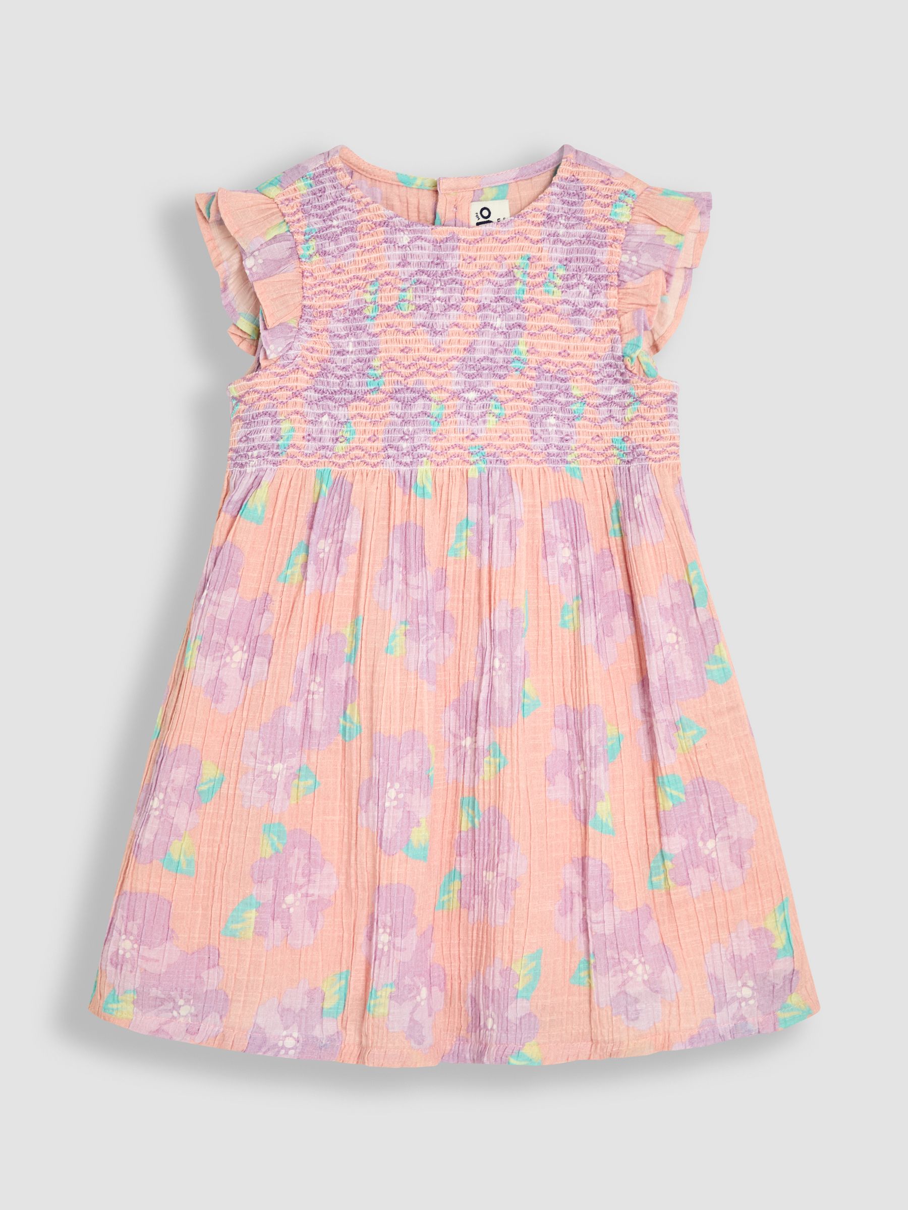 Coral Pink Tropical Floral Smocked Summer Dress - Image 3 of 6