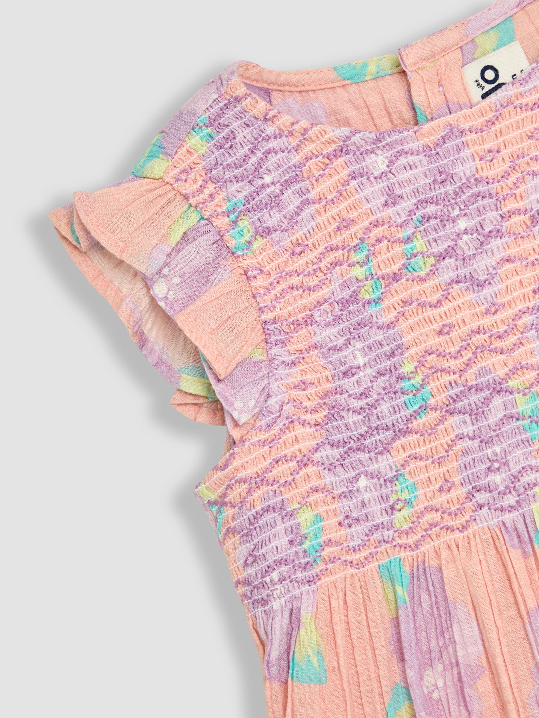 Coral Pink Tropical Floral Smocked Summer Dress - Image 6 of 6