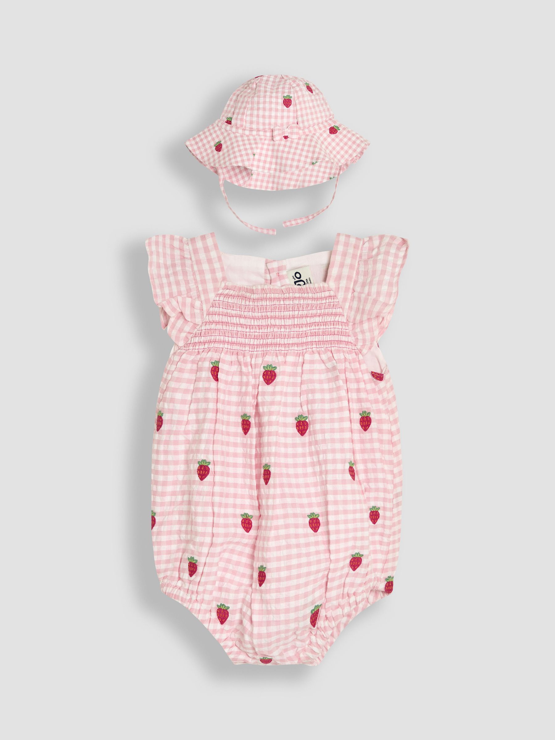 Pink Gingham 2-Piece Strawberry Embroidered Smocked Romper & Hat Set - Image 1 of 6