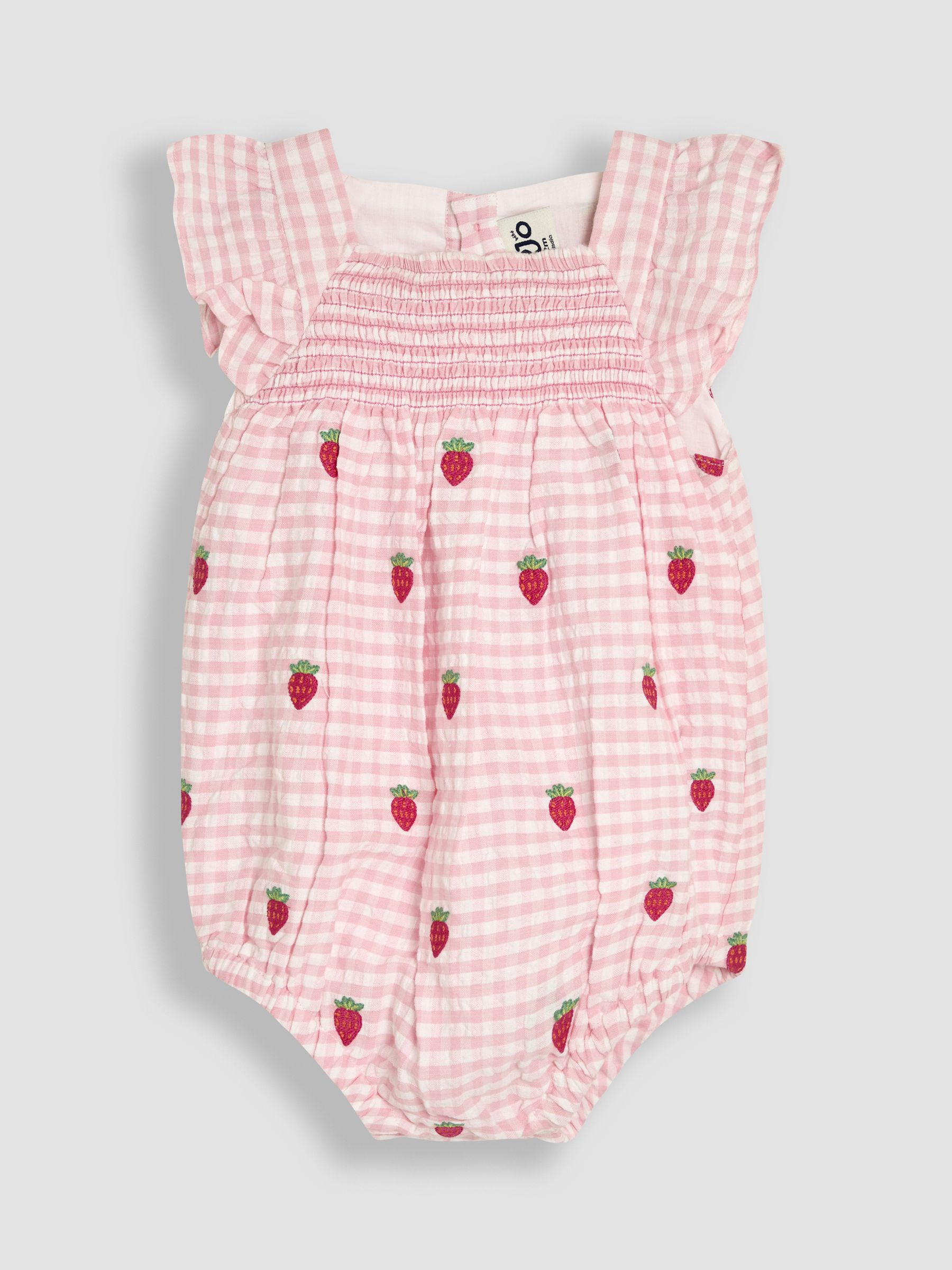 Pink Gingham 2-Piece Strawberry Embroidered Smocked Romper & Hat Set - Image 2 of 6
