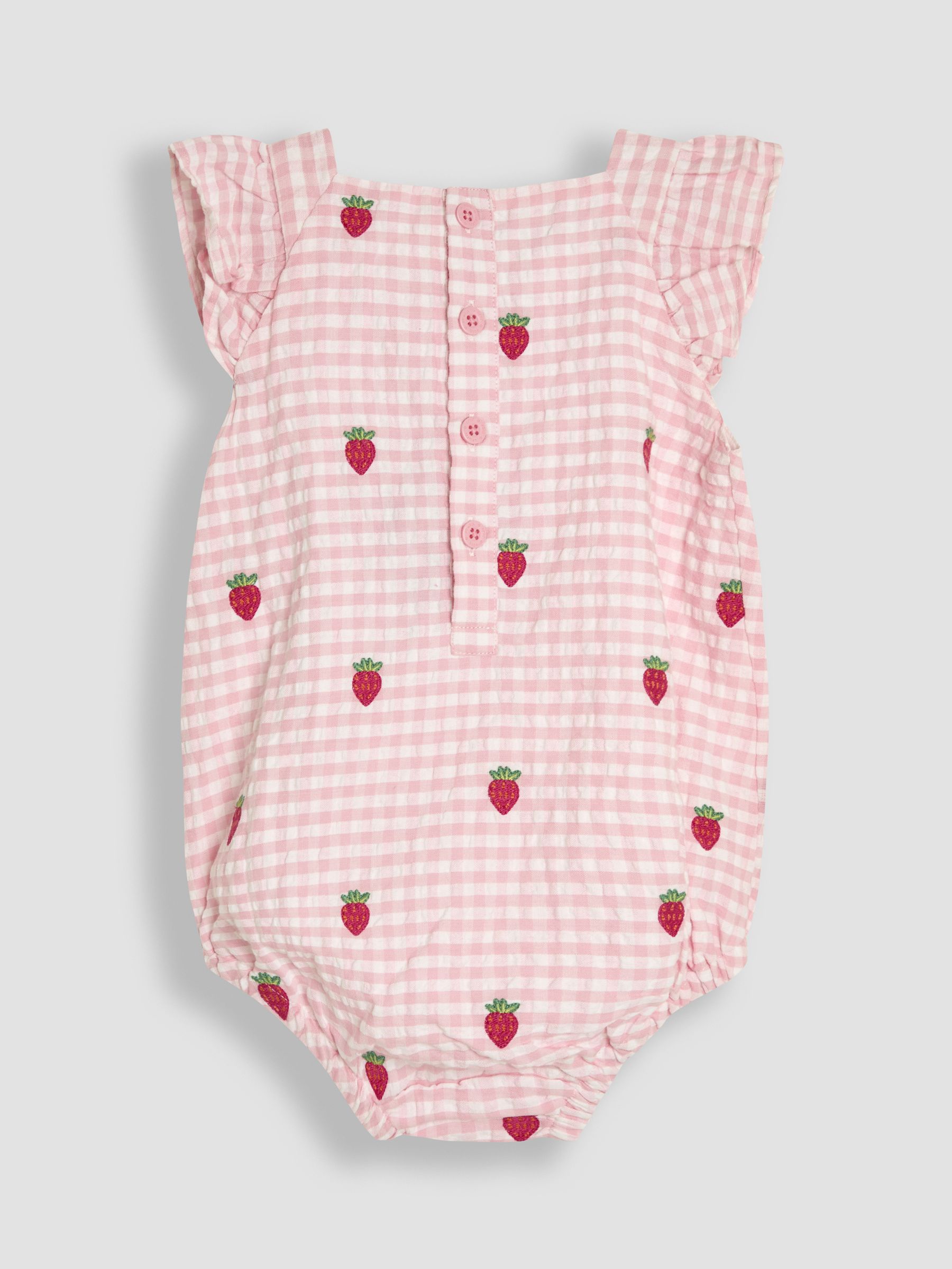 Pink Gingham 2-Piece Strawberry Embroidered Smocked Romper & Hat Set - Image 3 of 6