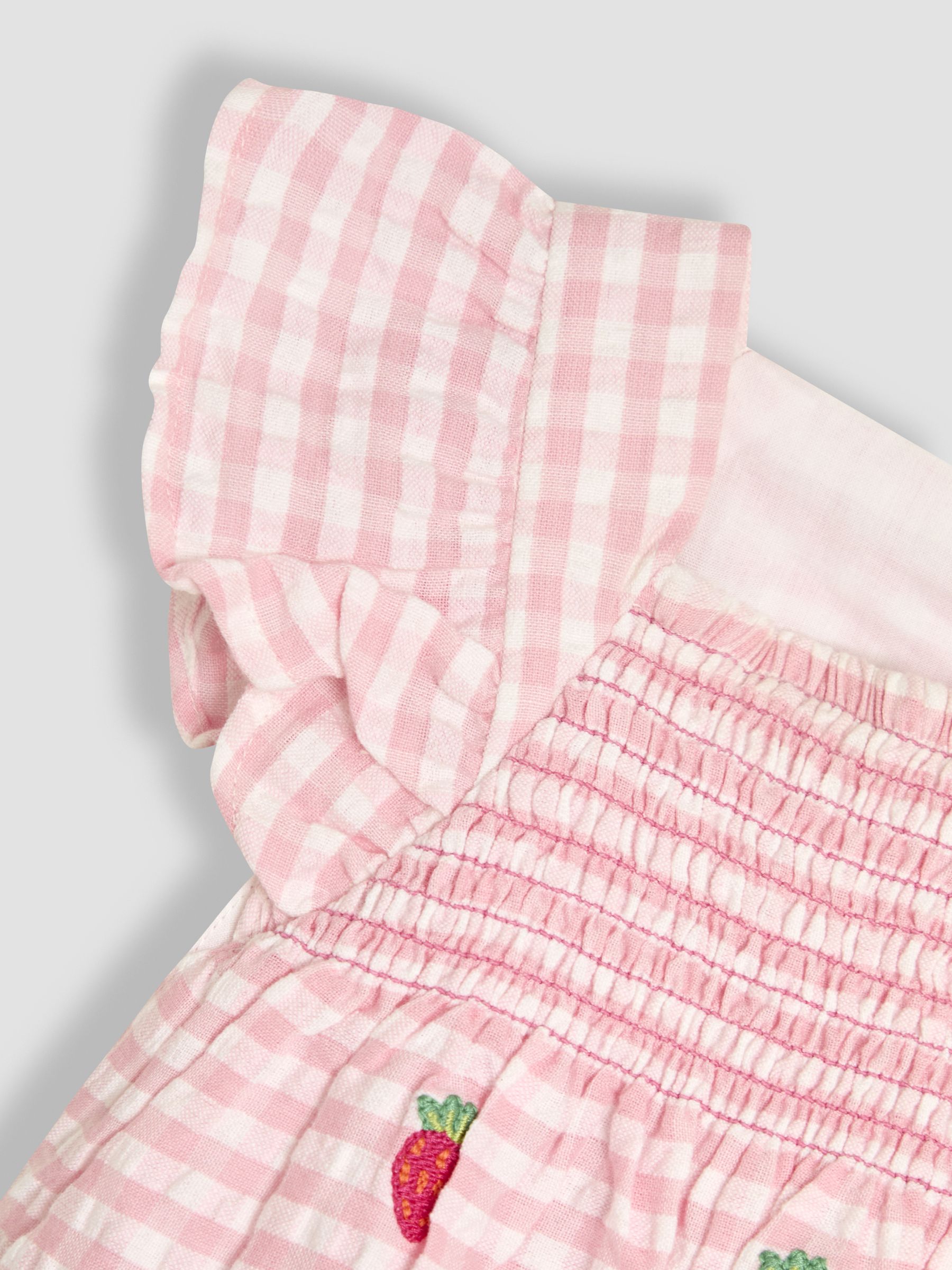 Pink Gingham 2-Piece Strawberry Embroidered Smocked Romper & Hat Set - Image 5 of 6
