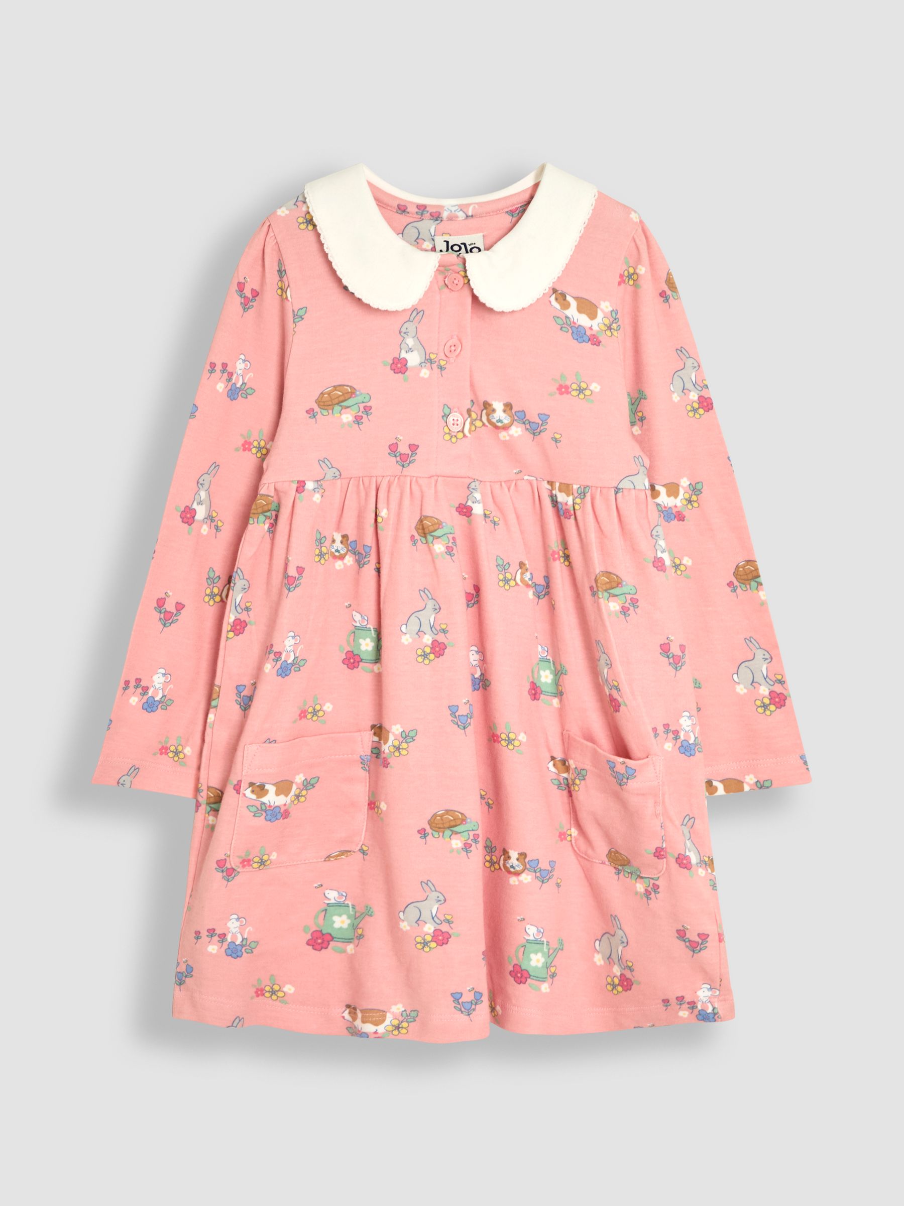 Pink Guinea Pig & Friends 100% Cotton Peter Pan Collar Button Front Long Sleeve Dress - Image 1 of 4