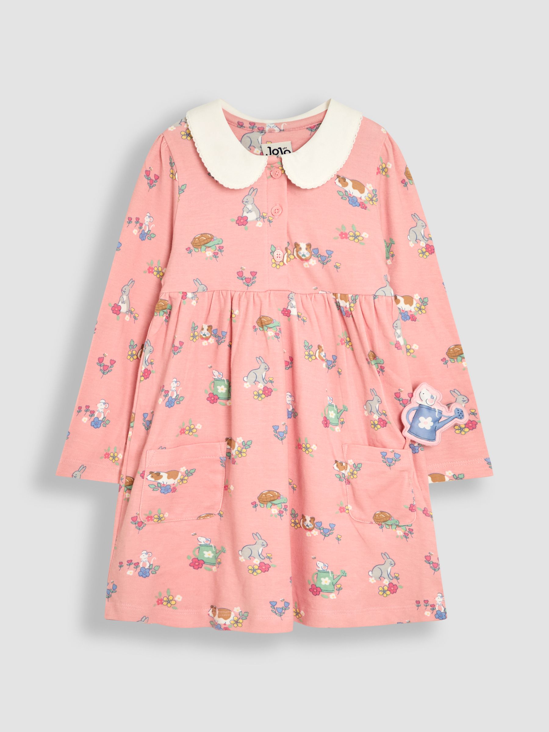 Pink Guinea Pig & Friends 100% Cotton Peter Pan Collar Button Front Long Sleeve Dress - Image 2 of 4