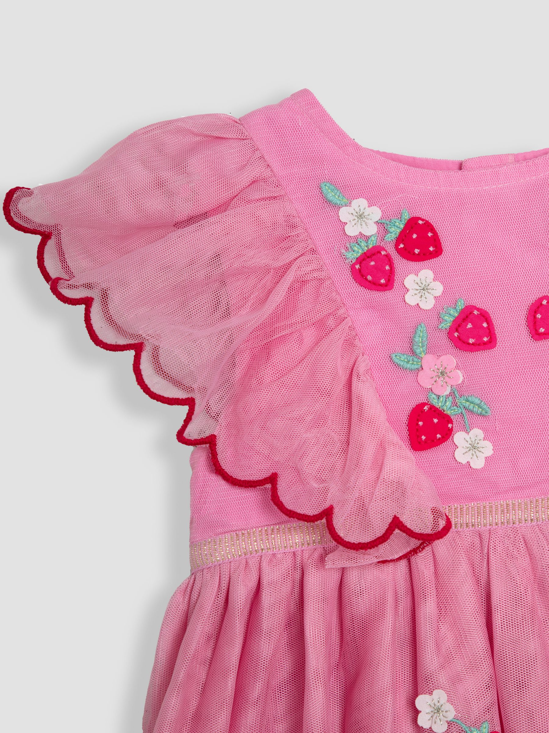 Pink Strawberry Floral Scallop Sleeve Embroidered Tulle Party Dress - Image 3 of 4