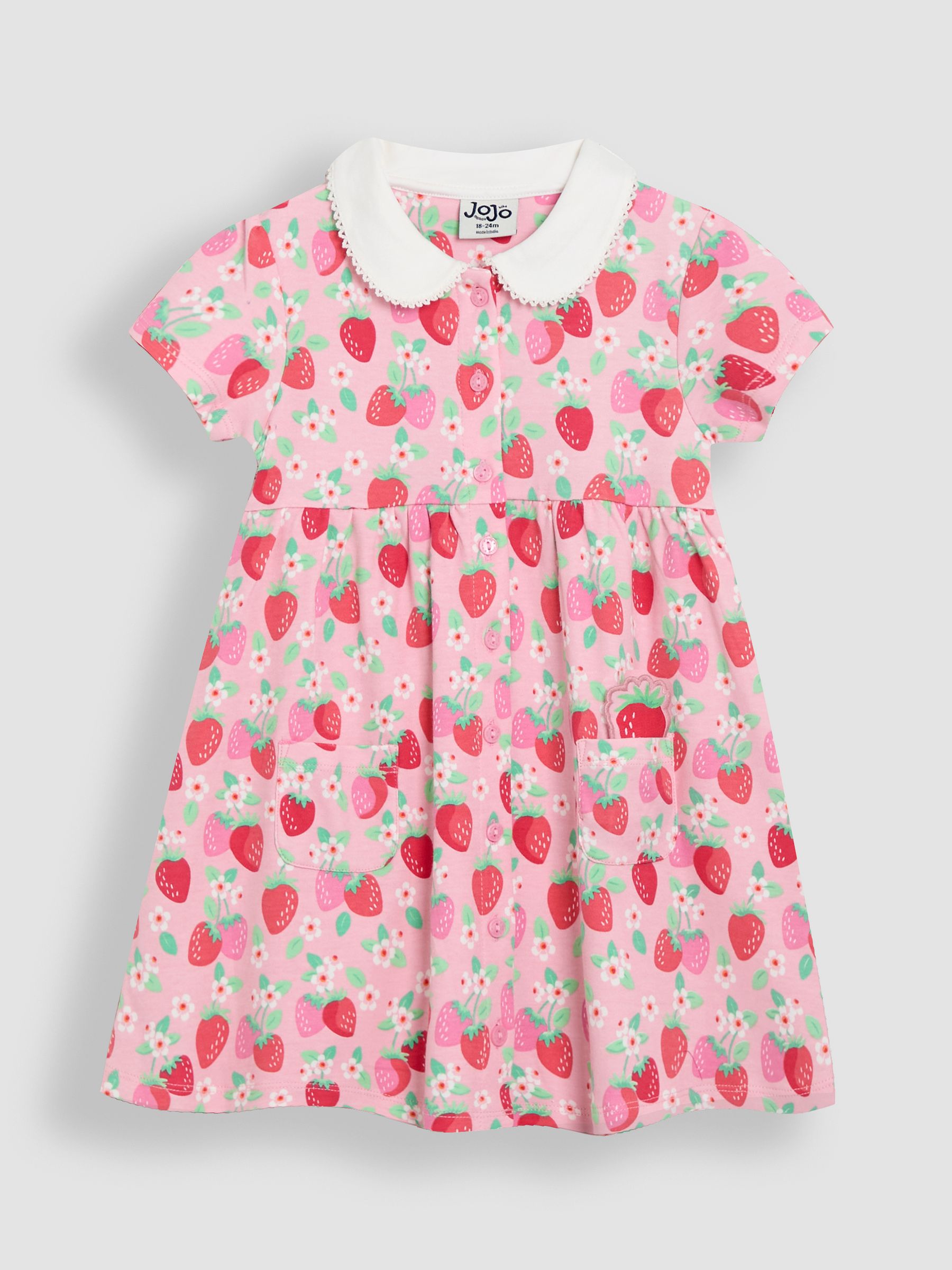 Pink Strawberry Floral Peter Pan Collar Button Front Dress - Image 2 of 4