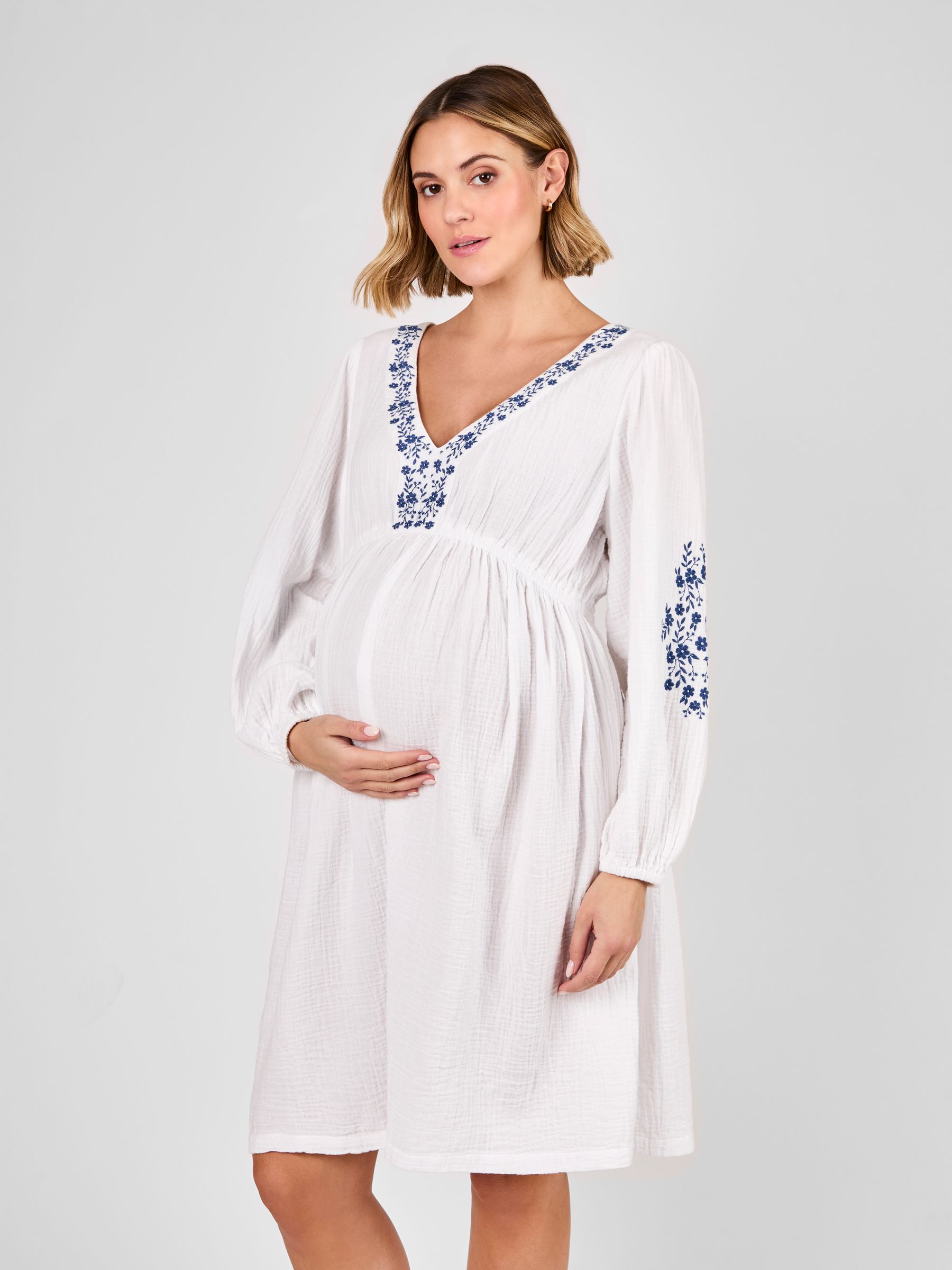 white maternity short dress White Textured Bubble Sleeve Maternity Mini Dress