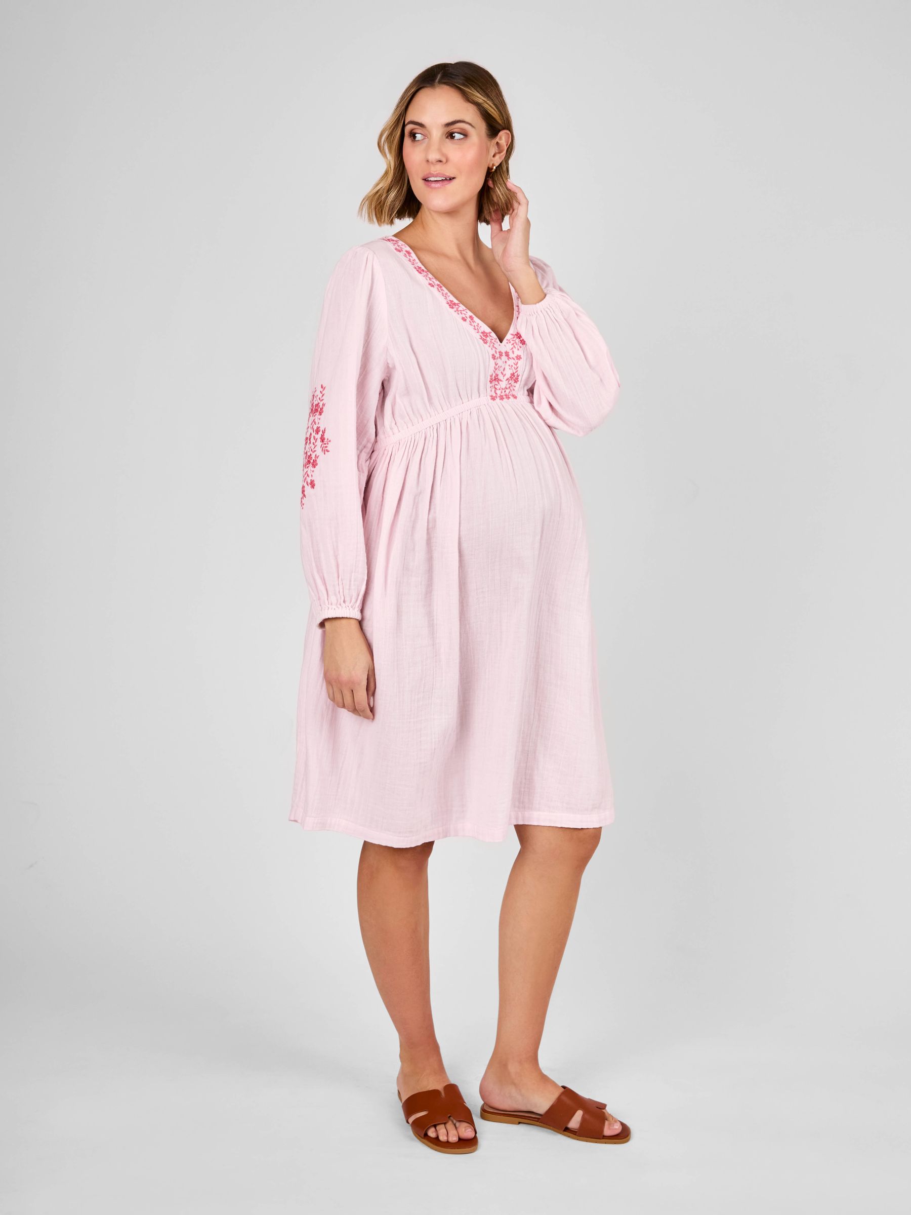 Pink Embroidered Textured Maternity Mini Dress - Image 3 of 5