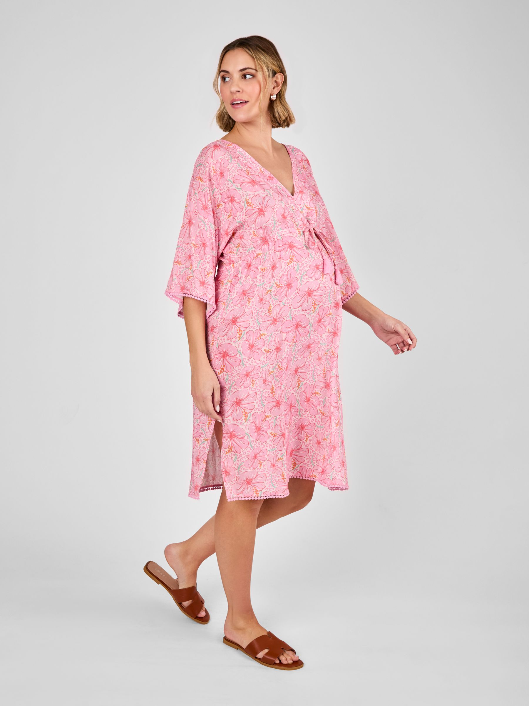 Pink Floral Maternity Mini Kaftan Dress - Image 1 of 4