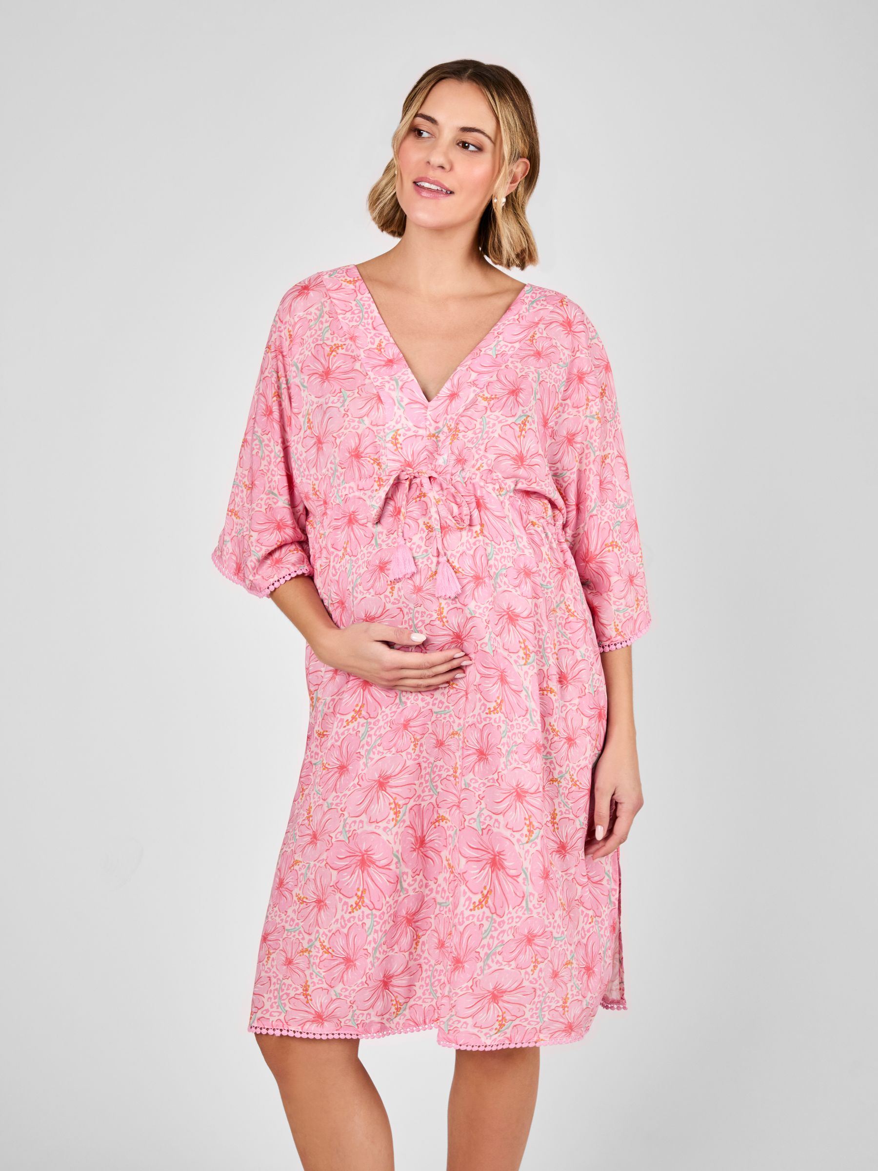 Pink Floral Maternity Mini Kaftan Dress - Image 3 of 4