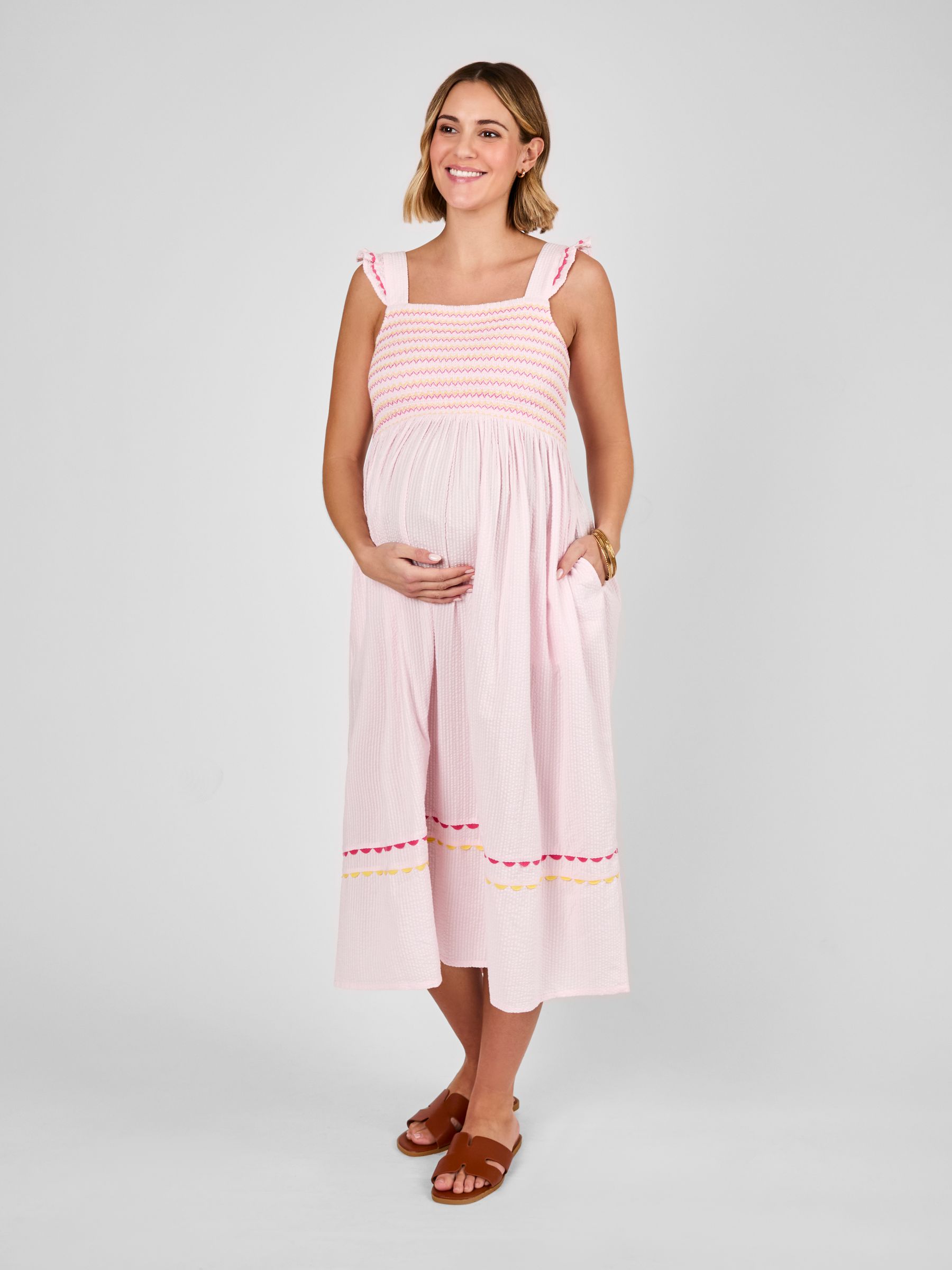 Pink Frill Sleeve Shirred Maternity Midi Dress | JoJo Maman Bb USA