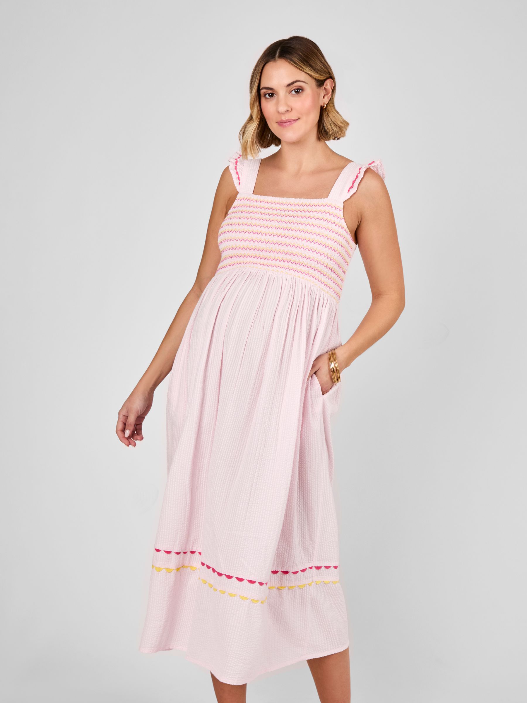 Pink Frill Sleeve Shirred Maternity Midi Dress - Image 3 of 4