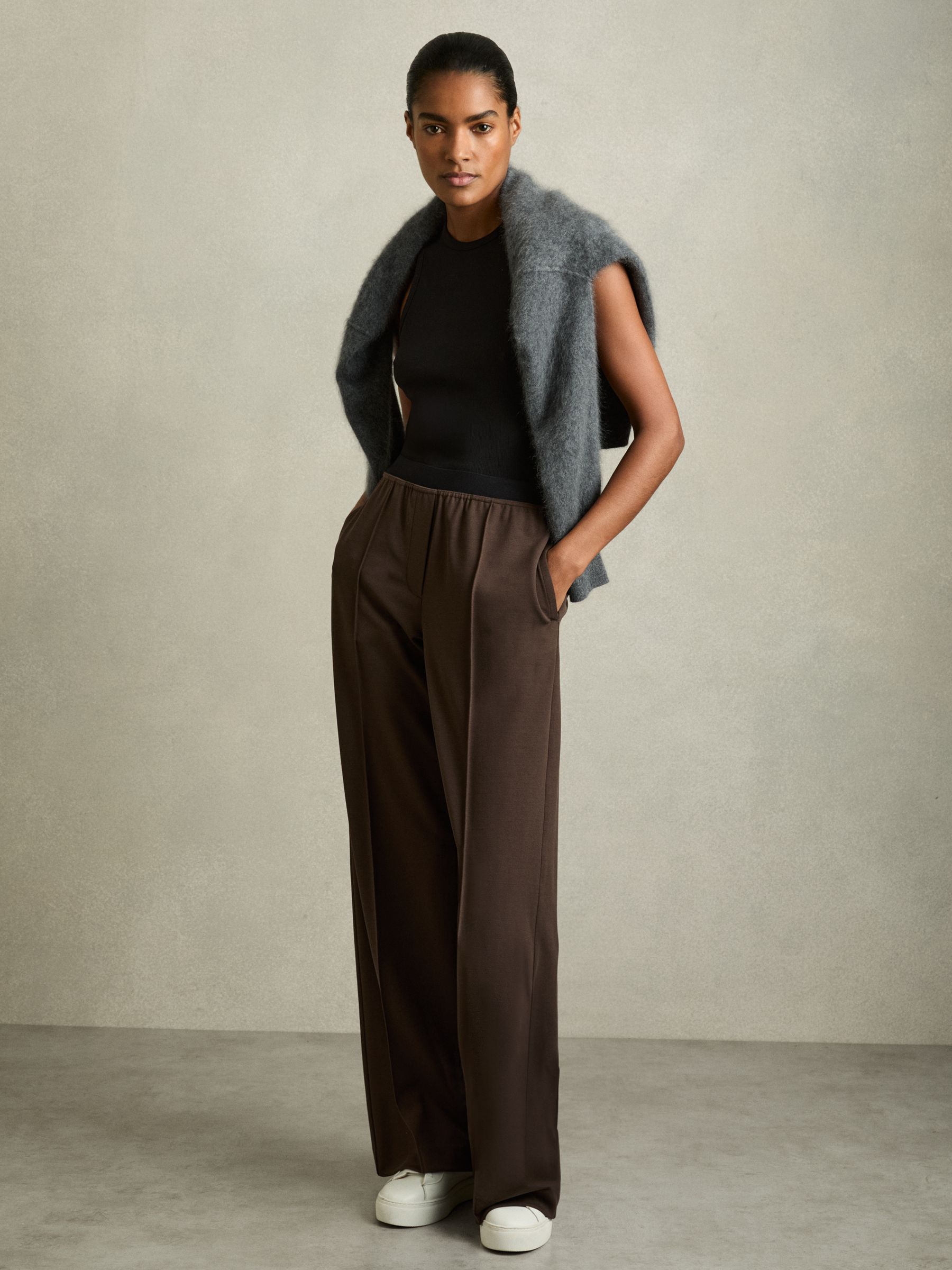 Wide-Leg Elasticated-Waistband Trousers in Chocolate Brown - Image 1 of 6