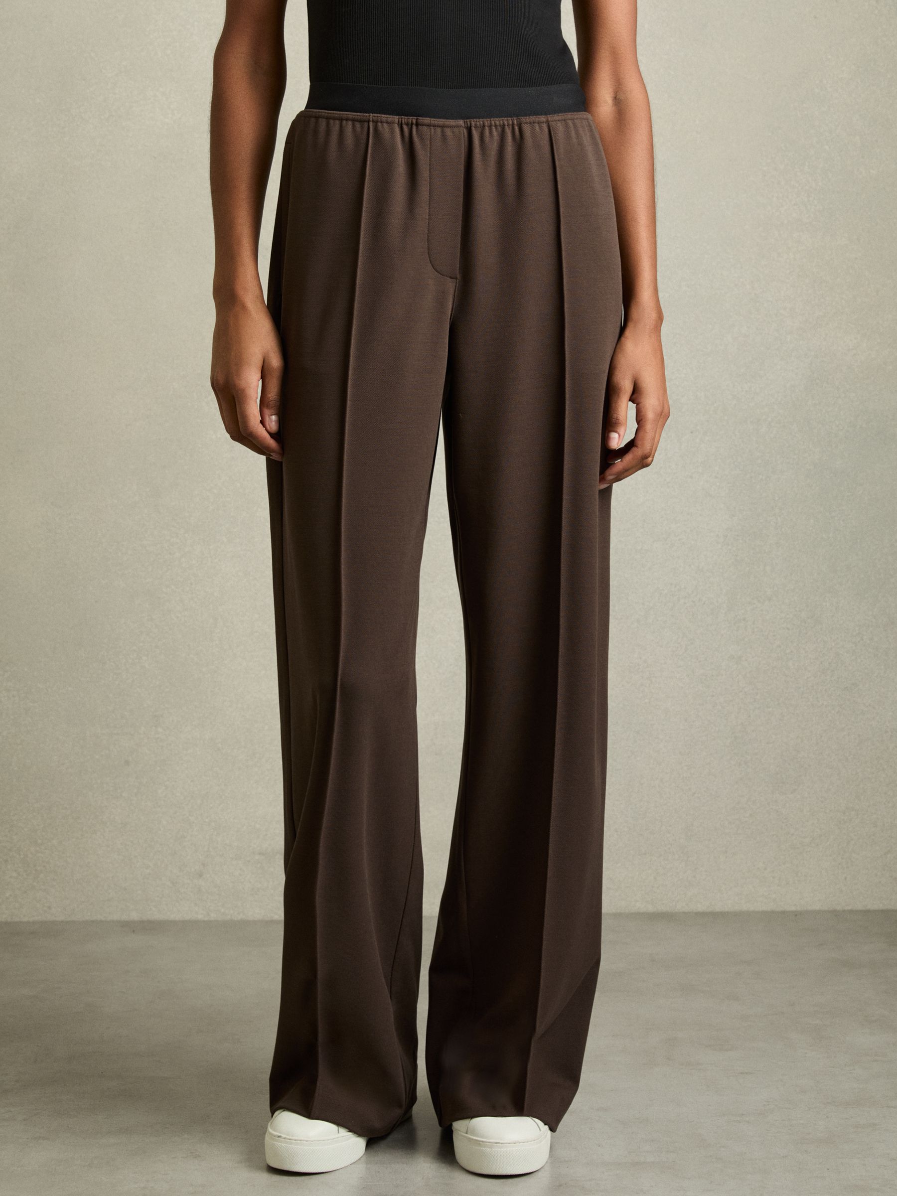 Reiss Wide-Leg Elasticated-Waistband Trousers in Chocolate Brown | REISS