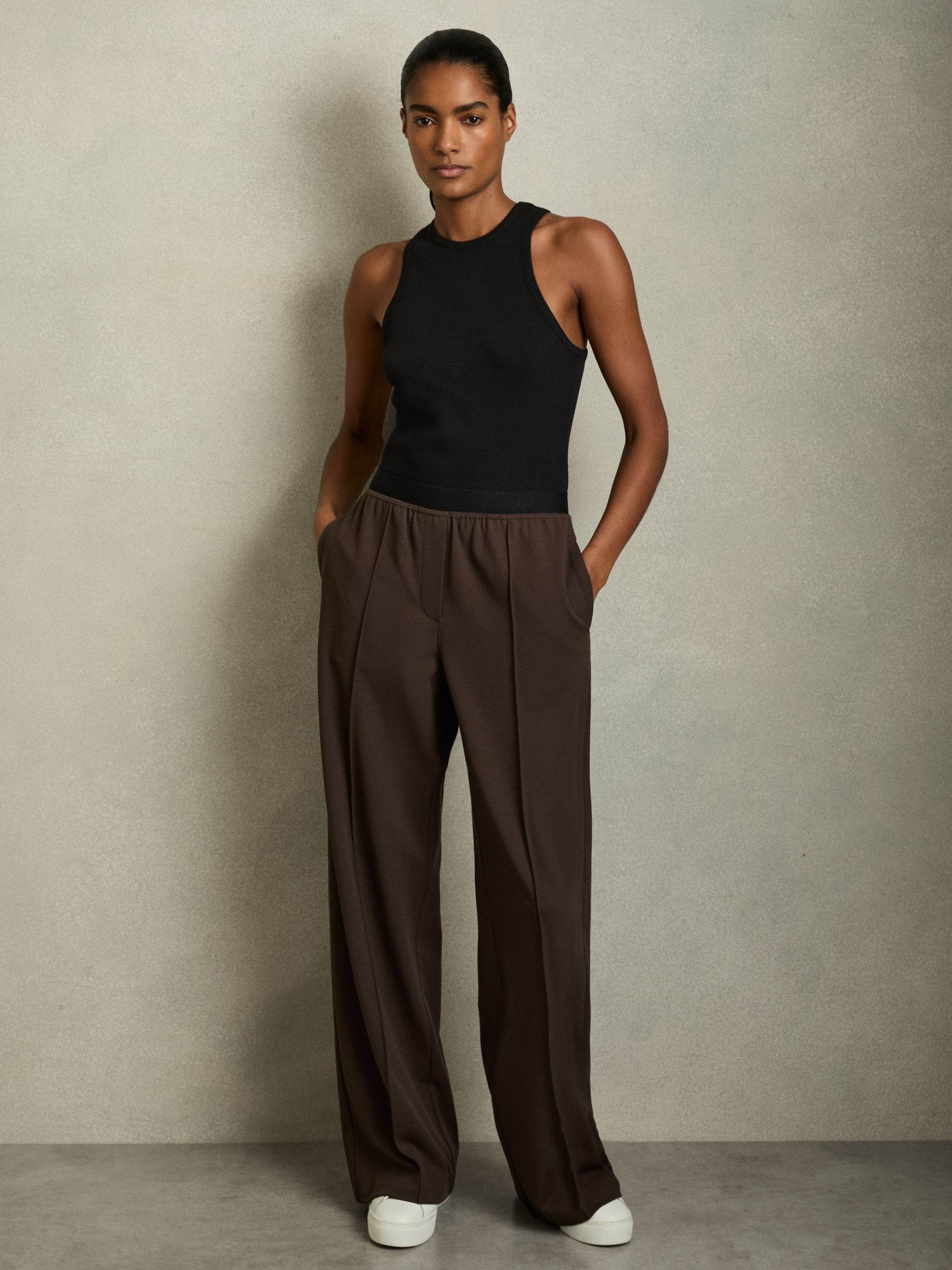 Petite Wide-Leg Elasticated-Waistband Trousers in Chocolate Brown - Image 1 of 7