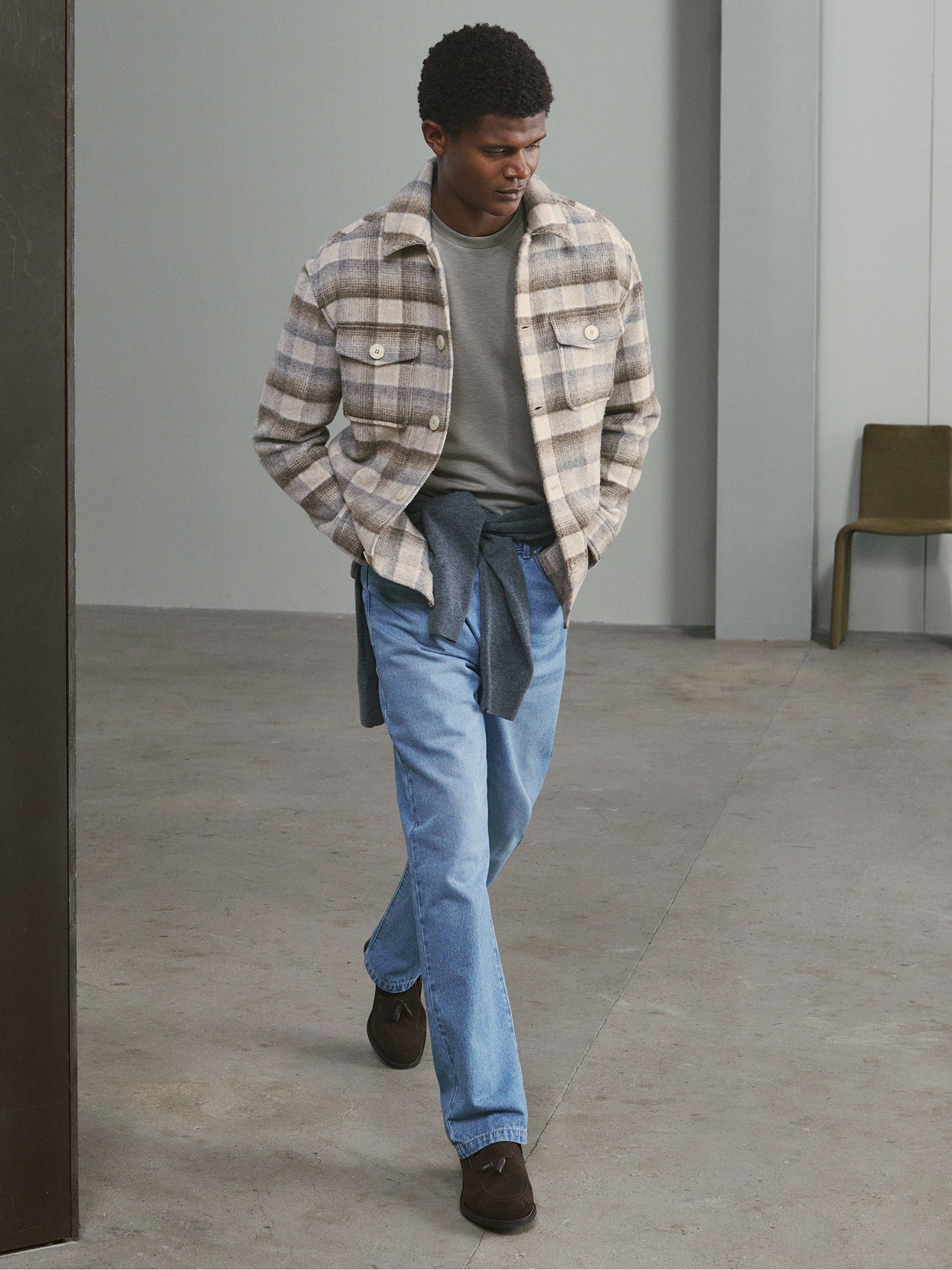 Geborstelde Wol-Blend Ruit Overshirt in Havermout - Afbeelding 1 van 6